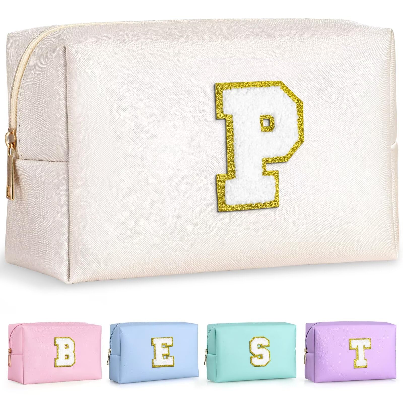 TOPEAST Personalized Makeup Bag, Chenille Letter Pouch Cosmetic Bag w Zipper, PU Leather Waterproof Toiletry Bag, Bridal Shower Gifts for Bridesmaids,