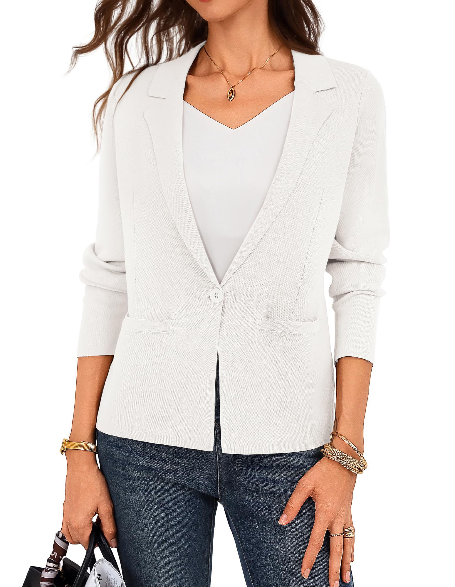 GRACE KARIN Blazer da donna a maniche lunghe, elegante con risvolto a V, cardigan per ospiti di nozze, bottoni casual, abbigliamento da ufficio con tasche