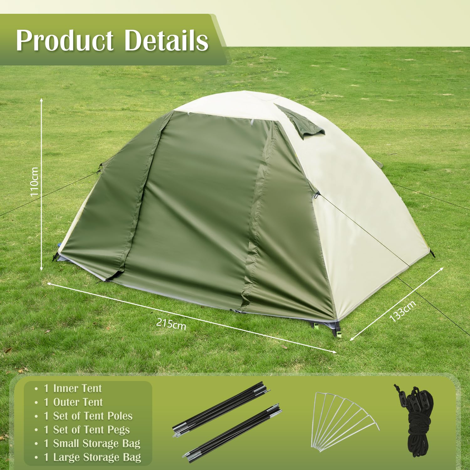 Tienda de Campaña 1-2 Personas, Doble Capa Acampar Tienda con Ventilación, Ultraligera, Impermeable (3000 mm), Fácil de Instalar, 3-4 Estaciones, Ideal para Camping, Senderismo, Trekking