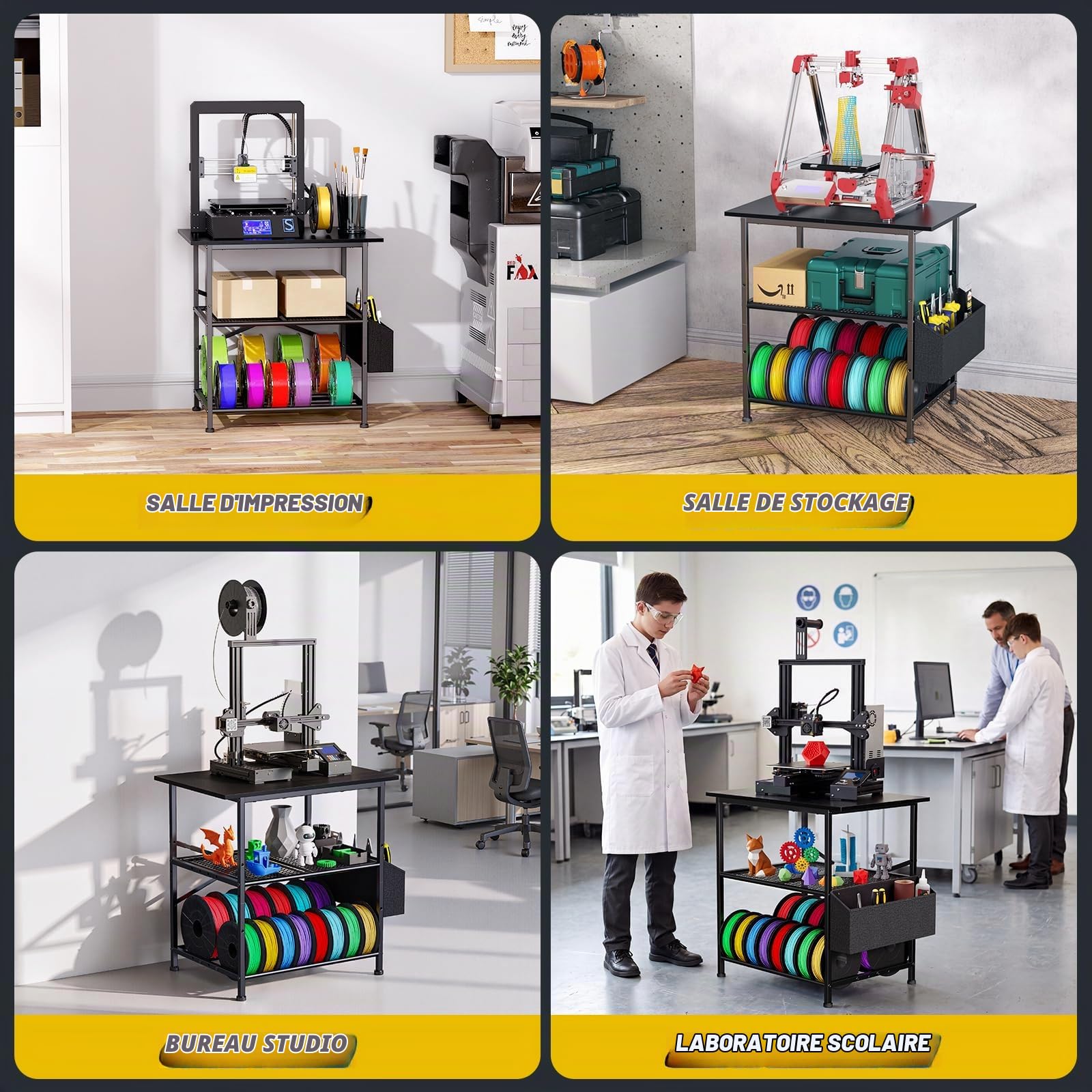 3 Niveaux Support Imprimante 3D, Meuble Imprimante avec bac de Rangement pour Fil et Poche Latérale, Support de Rangement pour Imprimante à Fixation Murale pour Bureau (Negro)