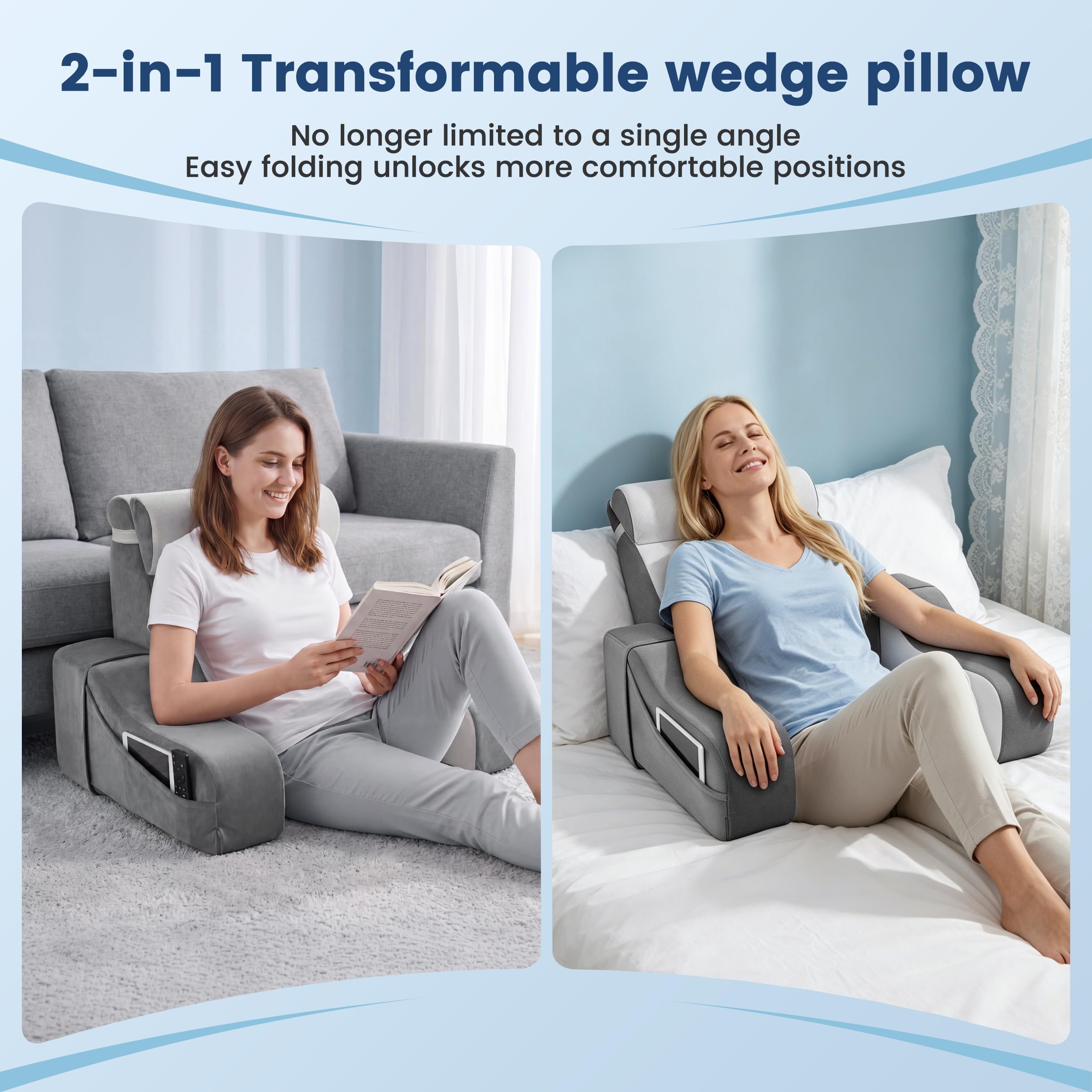 Cuscino da lettura reversibile 2 in 1, cuscino da lettura per letto e divano con braccioli e poggiatesta rimovibili, 2 angoli di inclinazione per lo schienale: 20° e 55°, sedia da letto per