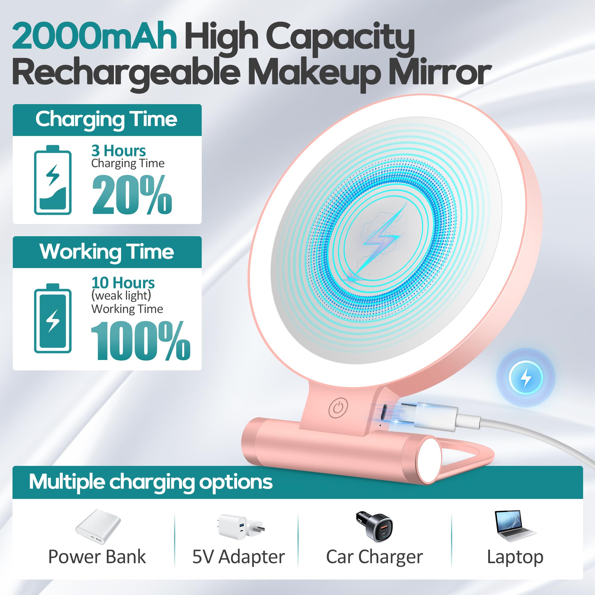 Espejo de aumento con luz 30X, espejo de maquillaje de doble cara 1X/30X con pinzas, 2000 mAh, 3 modos de color con brillo ajustable, espejo de viaje plegable (dorado)