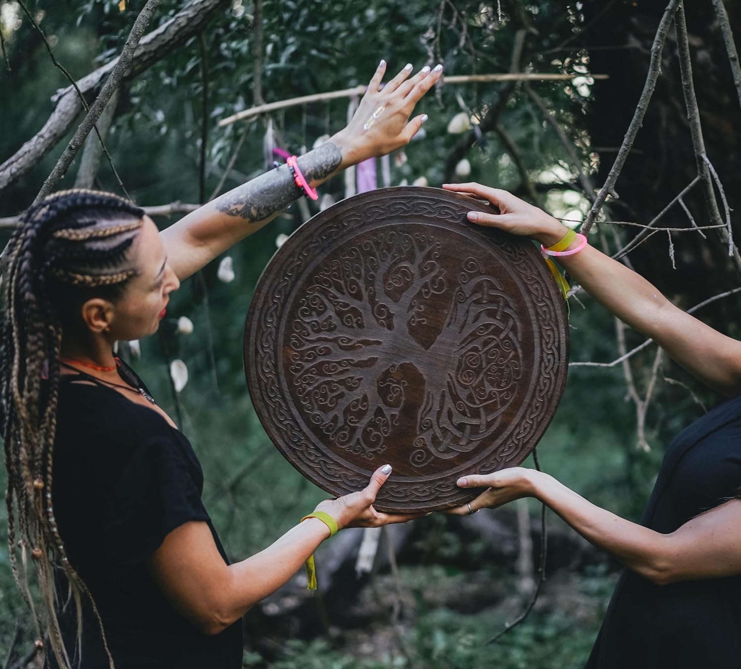 Celtic Tree Water-Fall Disc, Engraved Wooden Ocean Drum, 19.5" (50 cm), Ocean Waves & Waterfall Sound, With Protective Bag