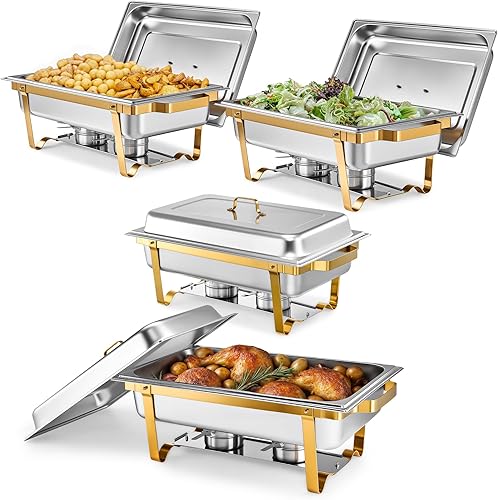 WILPREP Juego de 4 platos para bufé, juego de 4 calentadores de bufé y sartenes de tamaño completo y marcos plegables, calentadores de alimentos de