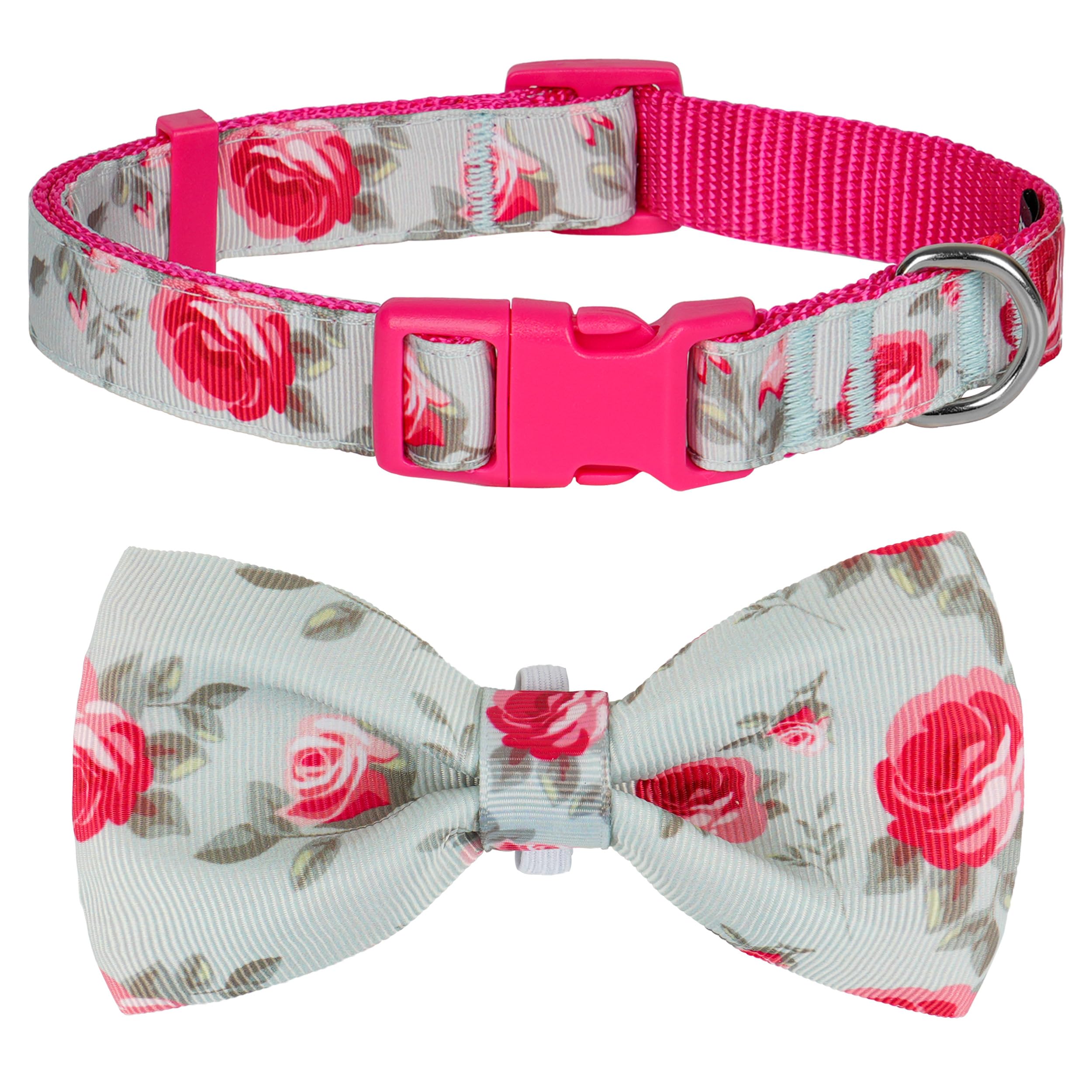 azuza Dog Collar with Bow Tie, Soft and Comfortable Adjustable Bowtie Dog Collar for Small Dogs (S, Camellia Flower)