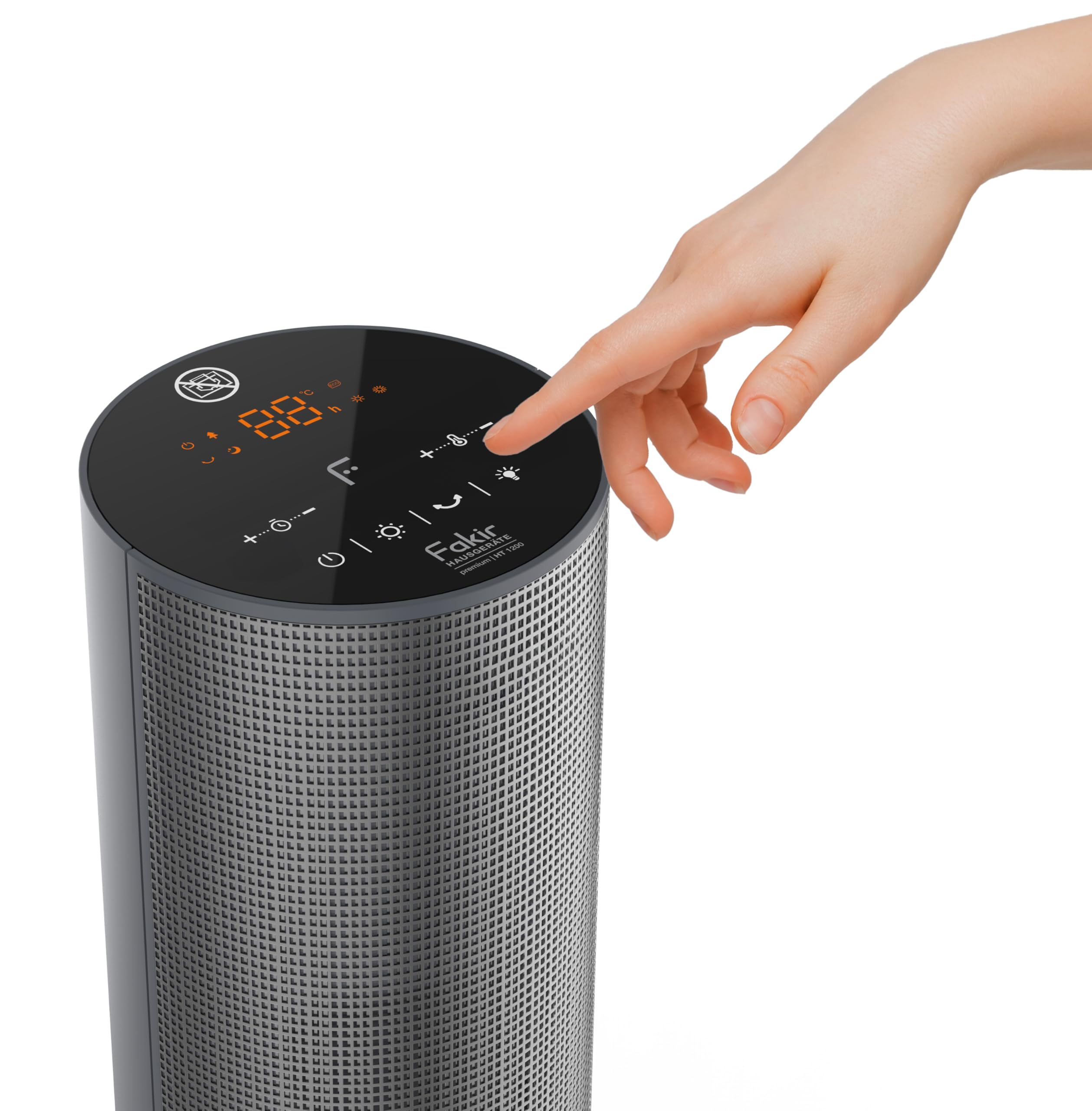 Fakir - Radiador de ventilador de alta calidad, HT 1200, 2500 W, ahorro de energía, con función de temporizador 24 h, luz de ambiente y oscilación de 80°, modo ECO, pantalla táctil LED, mando a