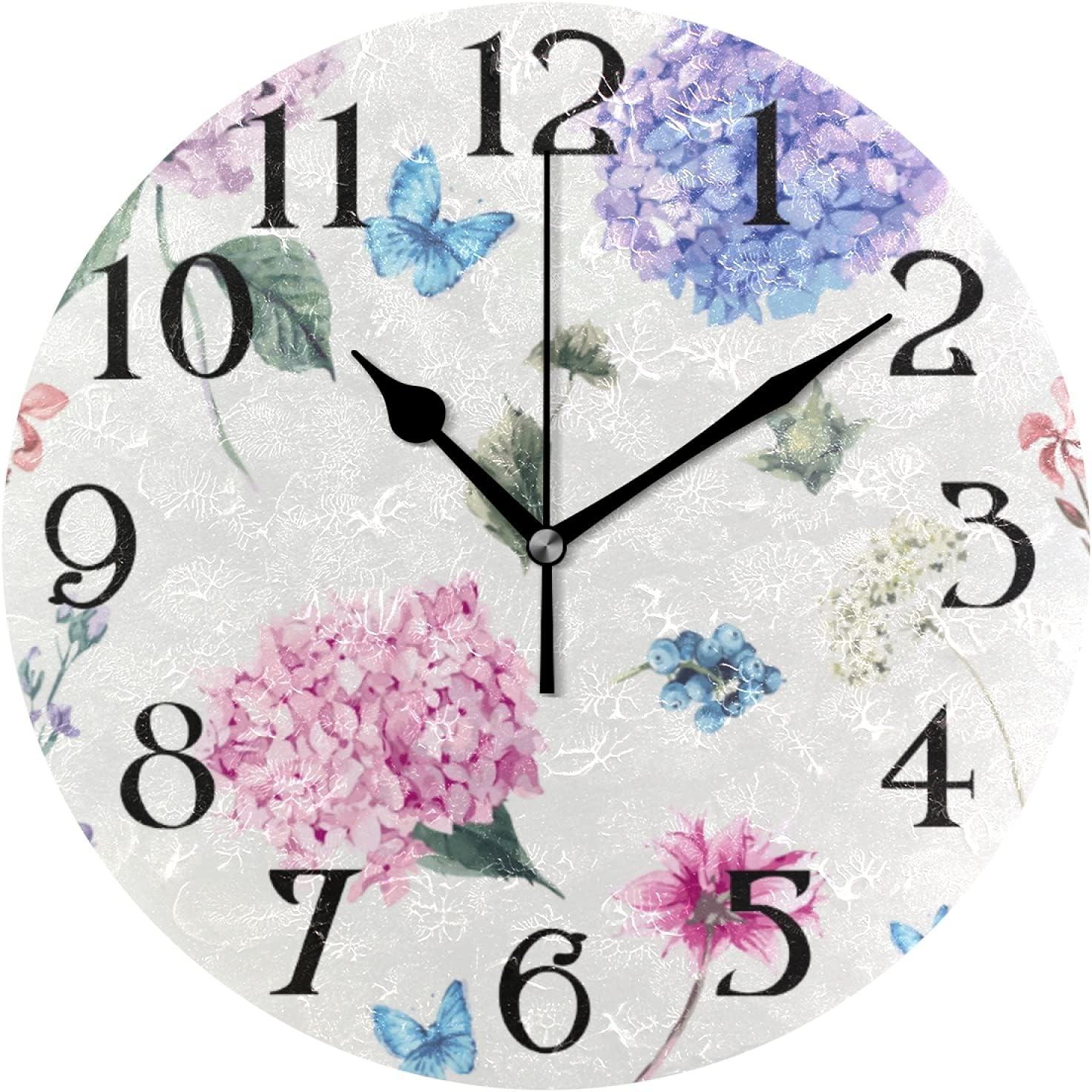 Hydrangea Butterflies Summer Flower Wall Clock 9.5 Inch Non-Ticking Silent Clocks Round Bathroom Clock Battery Operated Quartz Analog Decorative Desk Clock for Living Room