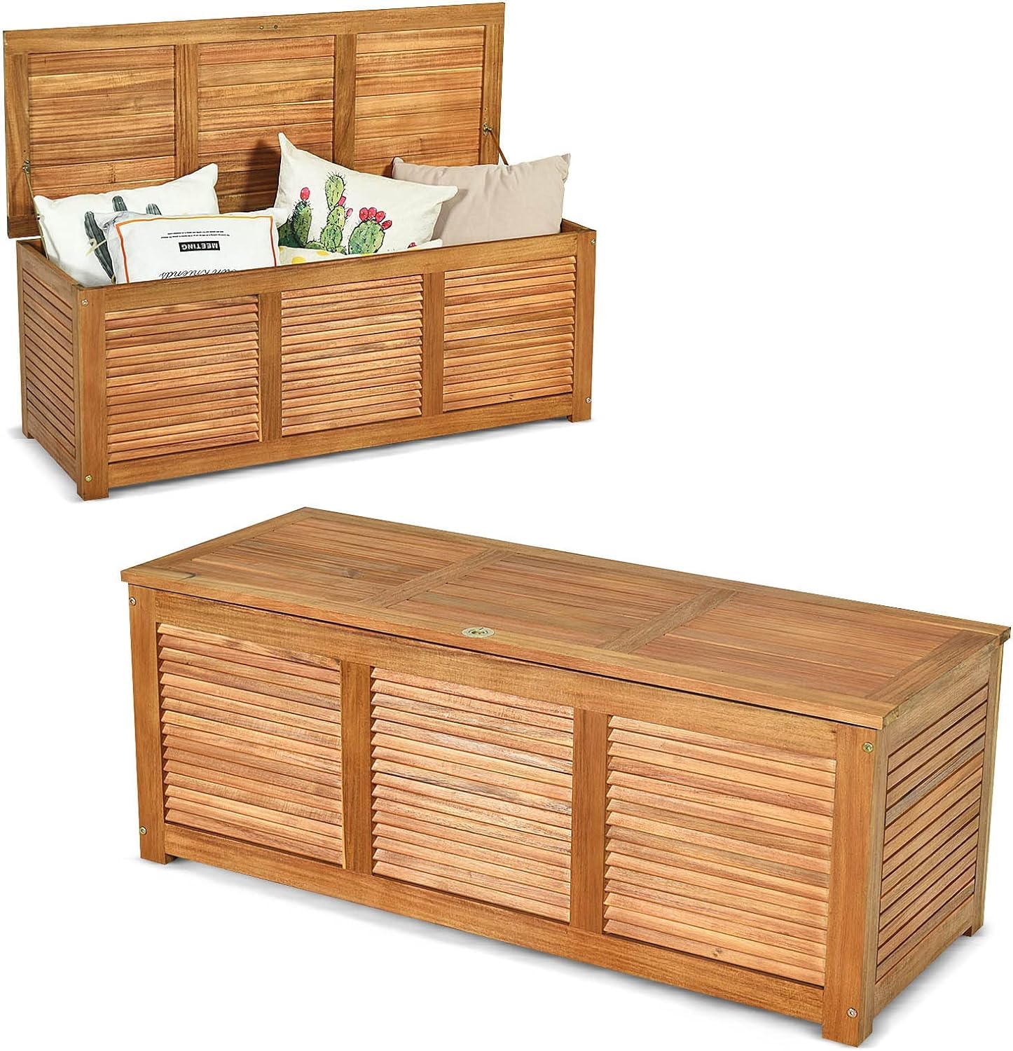 GIANTEX Arcón de Jardín, Baúl Almacenaje de Madera de Acacia, 120x45x45cm, Cofre Almacenamiento 178 L con Tapa Abatible y Diseño Persiana, Organizador para Patio, Balcón, Piscina