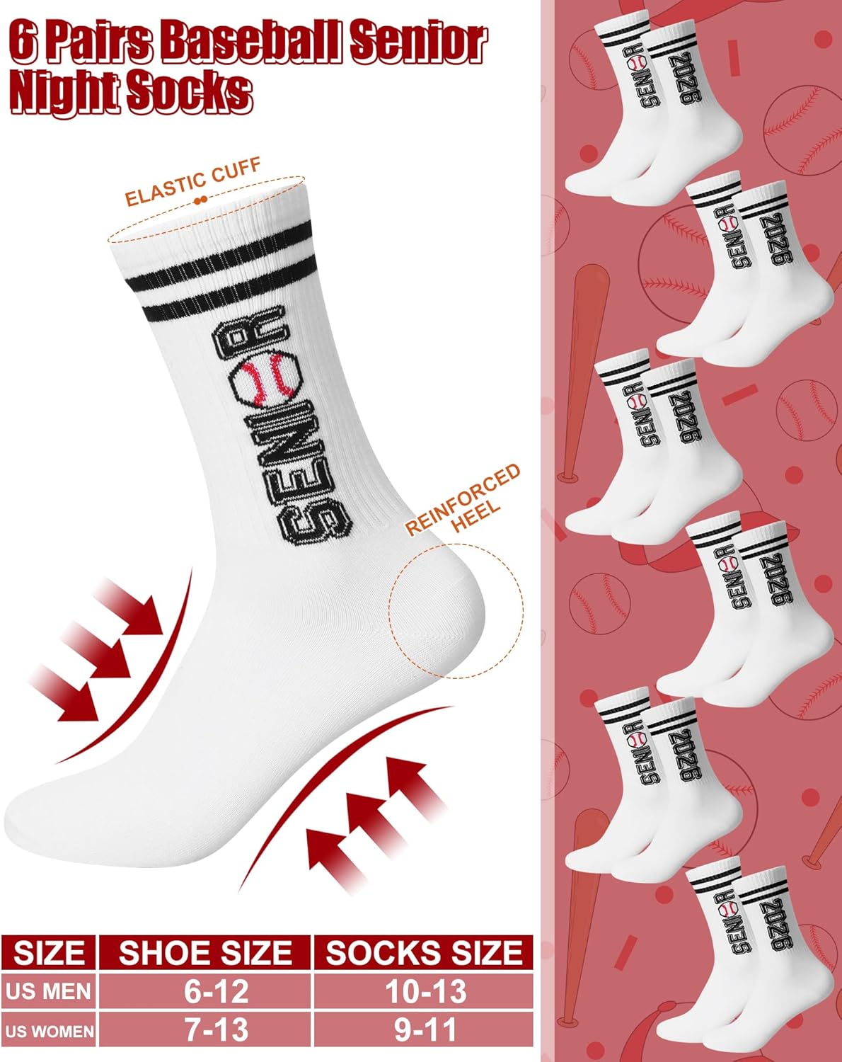 Glitopper 6 Pairs 2026 Baseball Senior Night Socks Athletic Crew Socks for High School Baseball Senior Night Gifts for Players Teams Coaches Training Daily Wear
