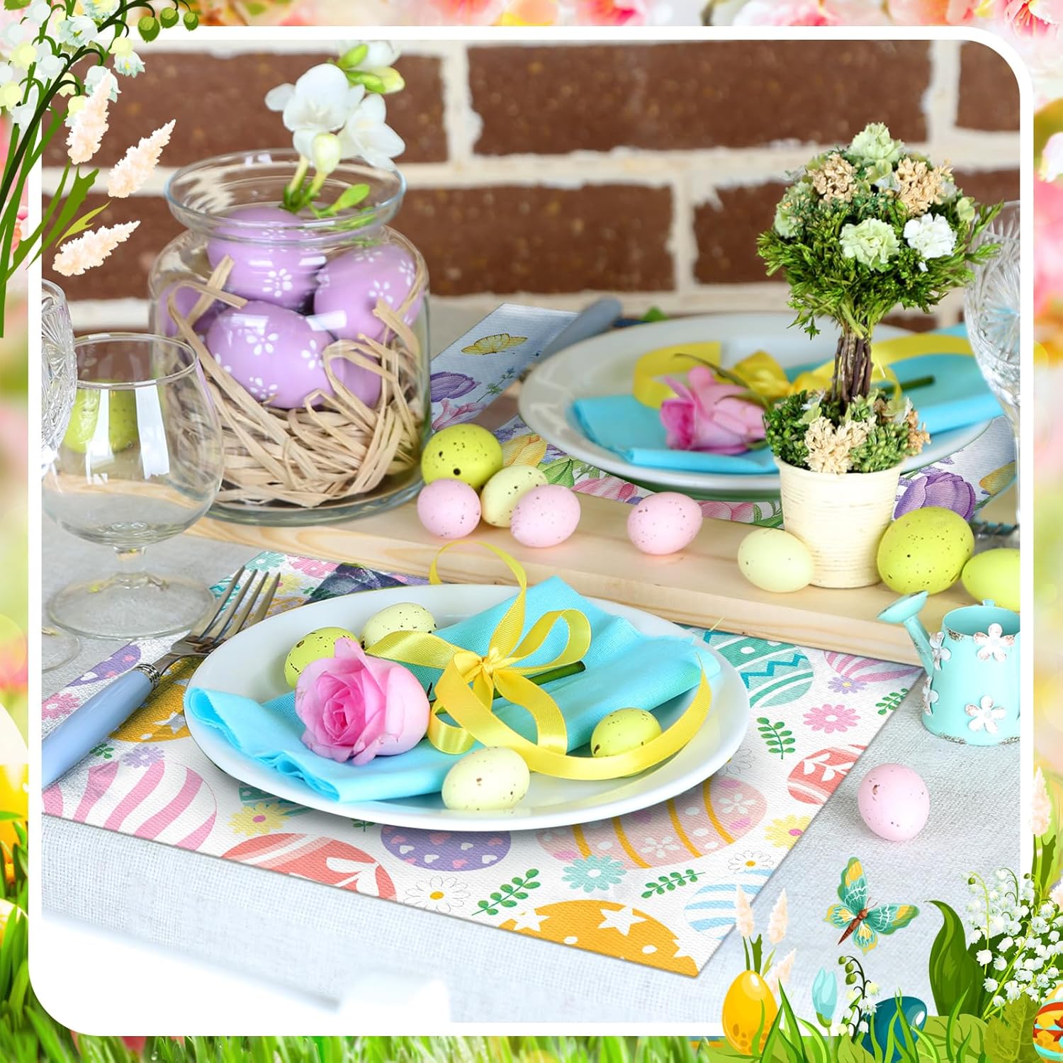 CHENGU 8 Pcs Spring Easter Placemats Happy Easter Eggs Placemat 12x18 Inch Plastic Spring Tulip Flower Table Mats for Holiday Party Home Dining