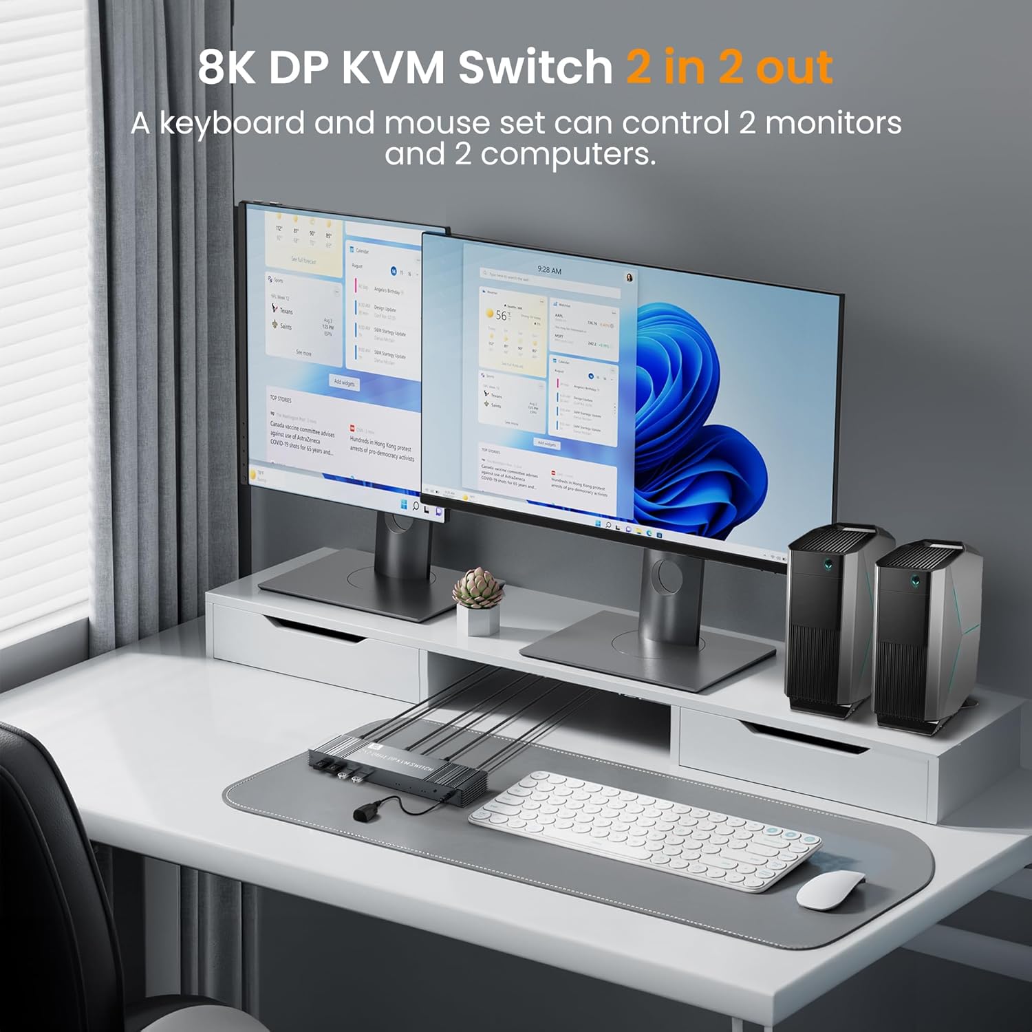 4K@120Hz KVM Switch 2 Monitors 2 Computers, 8K@60Hz DisplayPort Dual Monitor KVM Switch with 4 USB 3.0 Ports Share Keyboard Mouse, Support Extended/Copy Mode with 2 USB3.0 Cables and Controller