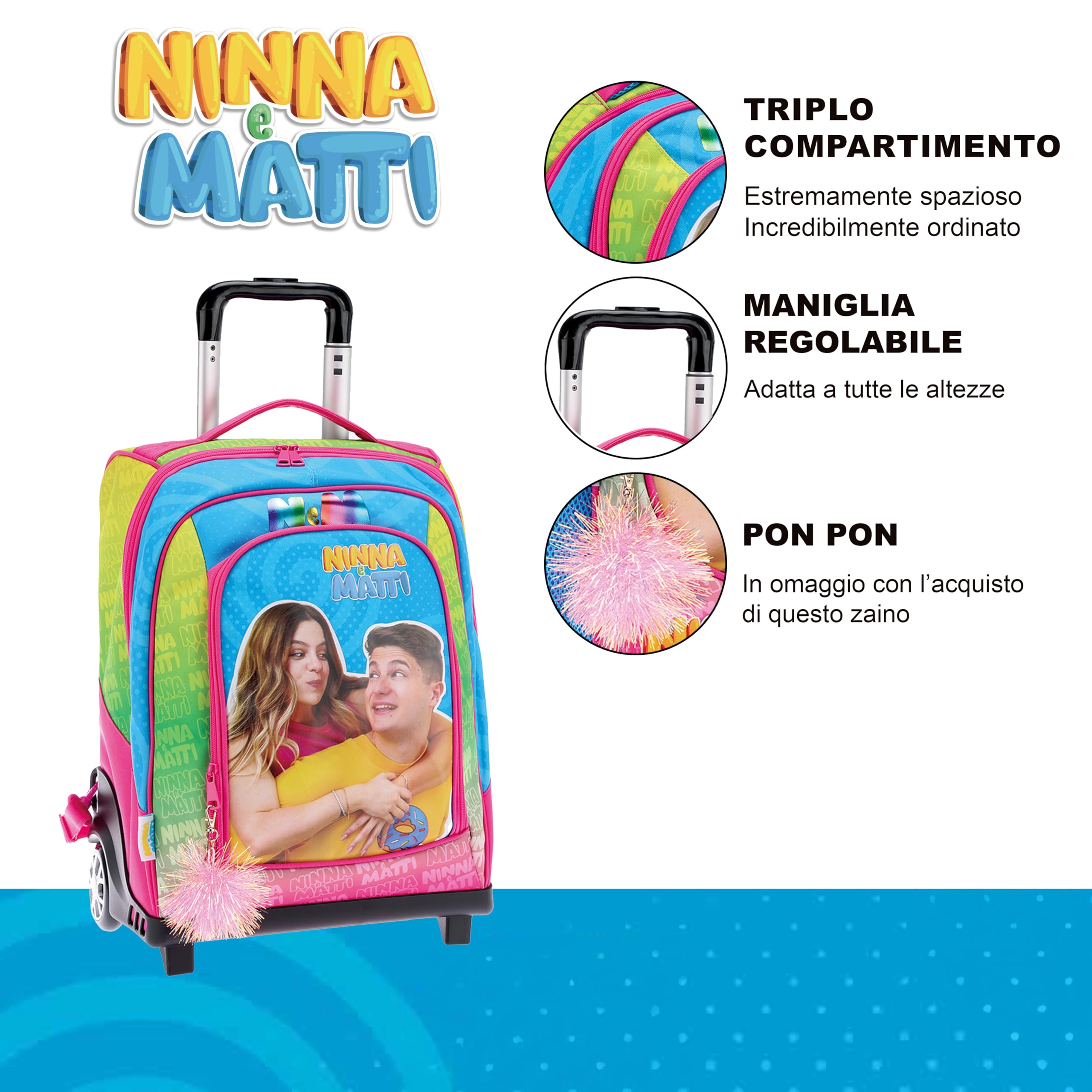 NINNA e MATTI Zaino Trolley con Ruote e Asta Telescopica, Linea Scuola 2025-2026, 45 x 34,5 x 21 cm