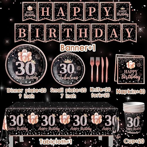 Miniatura 3 de 142 piezas de vajilla de 30 cumpleaños para mujer, suministros de fiesta de cumpleaños de 30 años de color oro rosa para ella, mantel desechable,