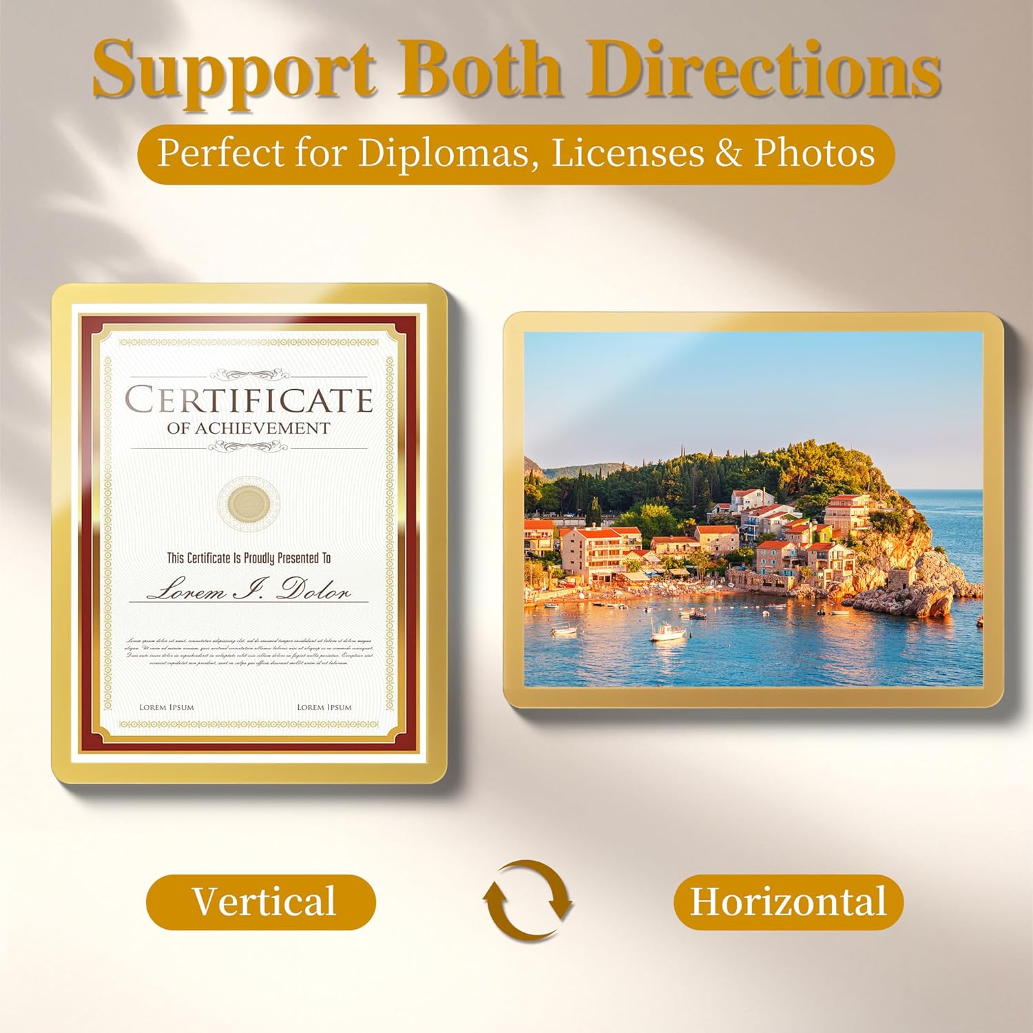 Acrylic Gold Picture Frames 3 Pack, 8.5 by 11 Photo Frame No Drilling, Self-Adhesive Sign Holder Wall Mounted Display for Diploma, Certificate, Letter Size Award, Home & Office (Vertical/Horizontal)