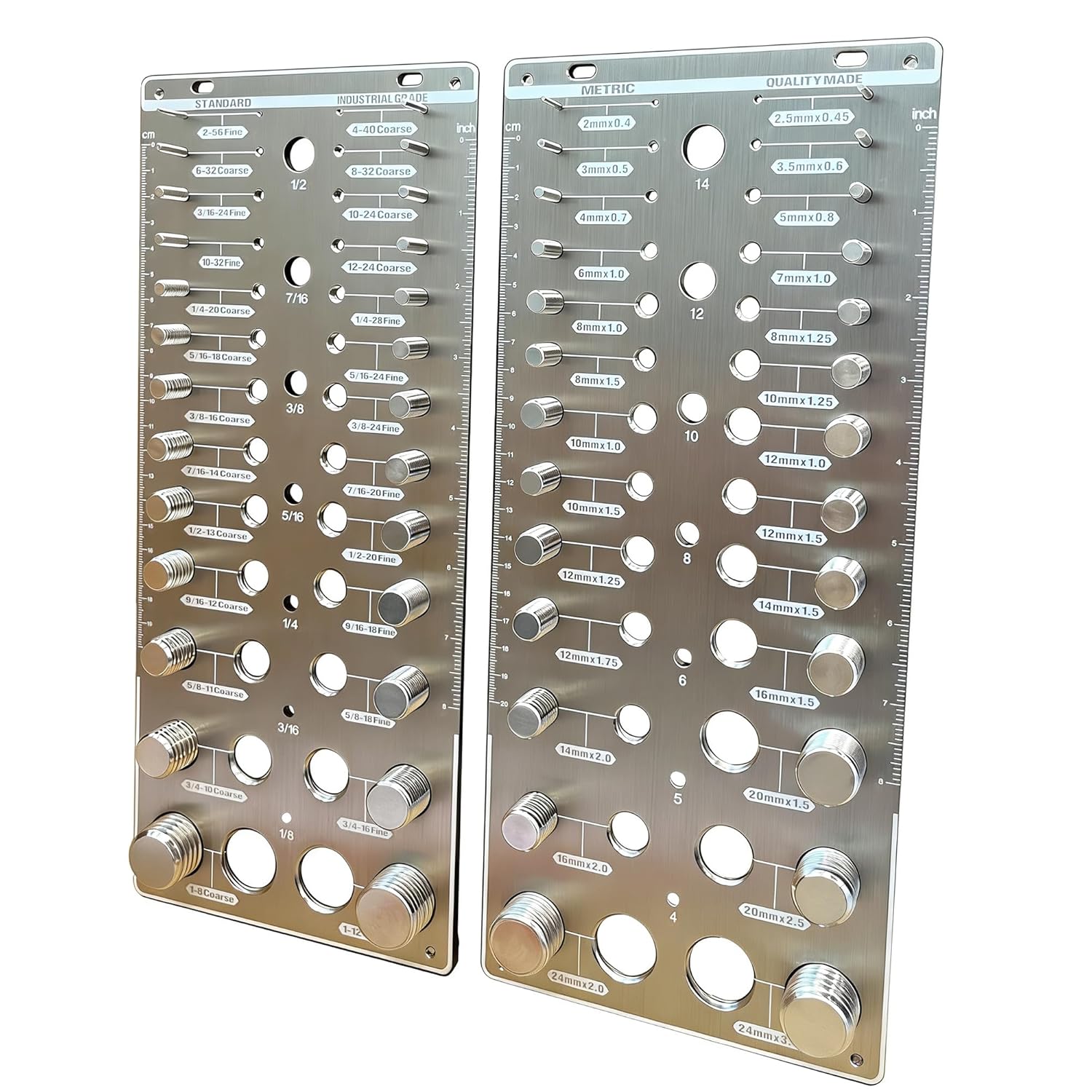 66 Nut and Bolt Thread Checker with Non-Slip Pad, Bolt Size and Thread Gauge with 26 Standard&26 Metric Bolts&14 Drill Bit Gauges,Thread Checker Standard and Metric,Brushed Finish