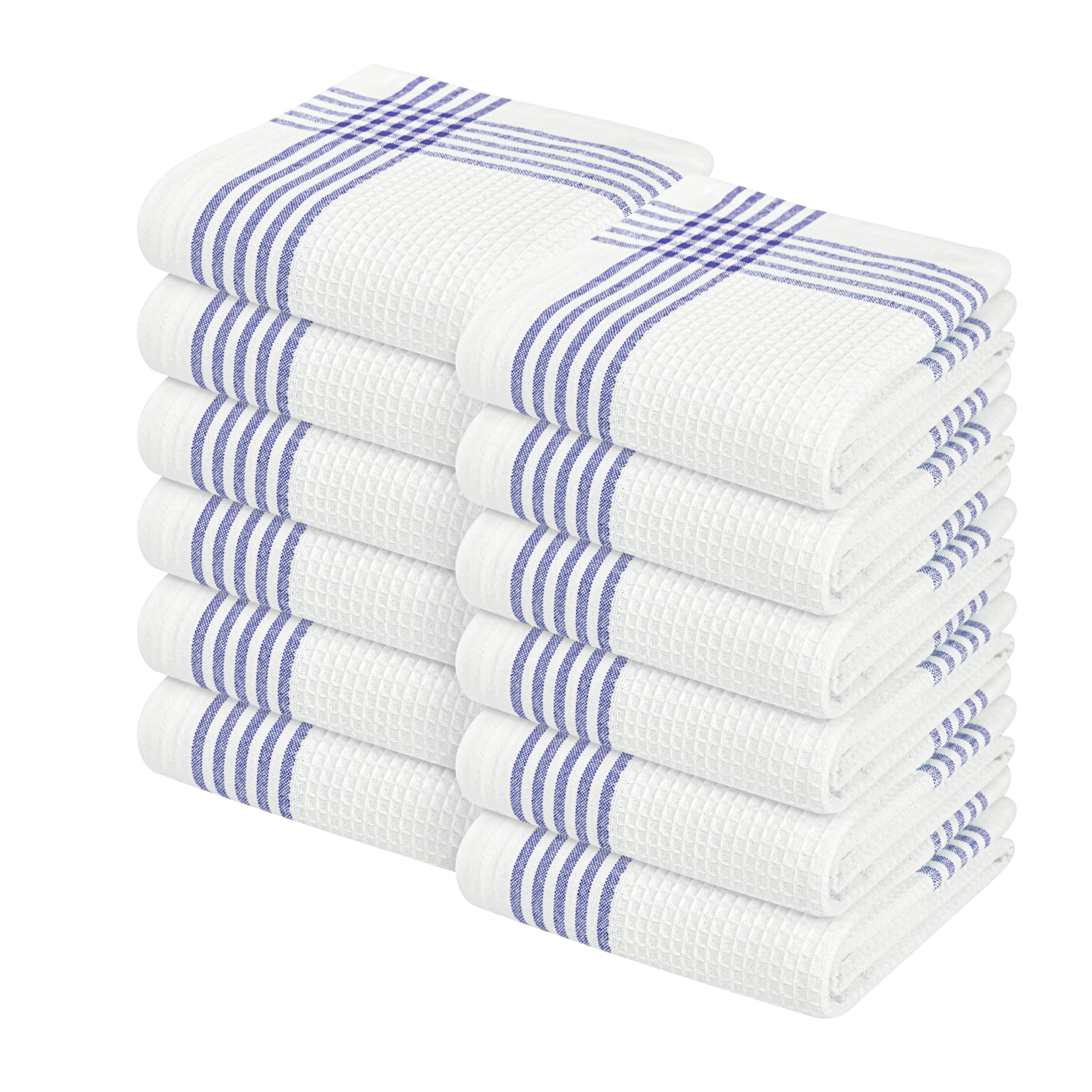 Waffle White &amp; Indigo Blue Kitchen Towels 12 Pack, 100% Cotton, 16x26 inches, Premium Dish Towel, Long Lasting Bar Mop Cloths, Perfect for Drying Dishes, Cooking and Cleanup