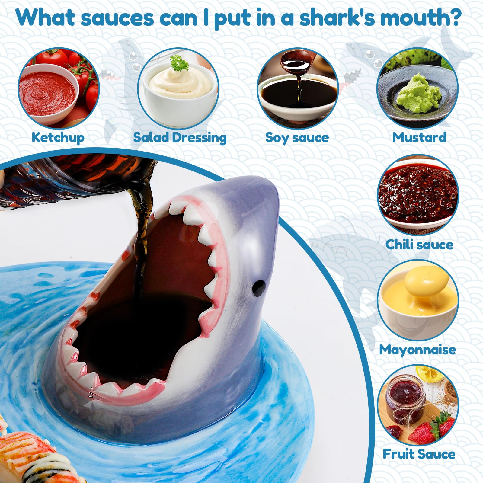 Shark Sushi Tablett, Upgraded 3 in 1 Shark Sushi Teller mit Essstäbchen, Shark Sushi Teller, Hai Teller mit Soßenfach, Lebensmittelechtes Material,