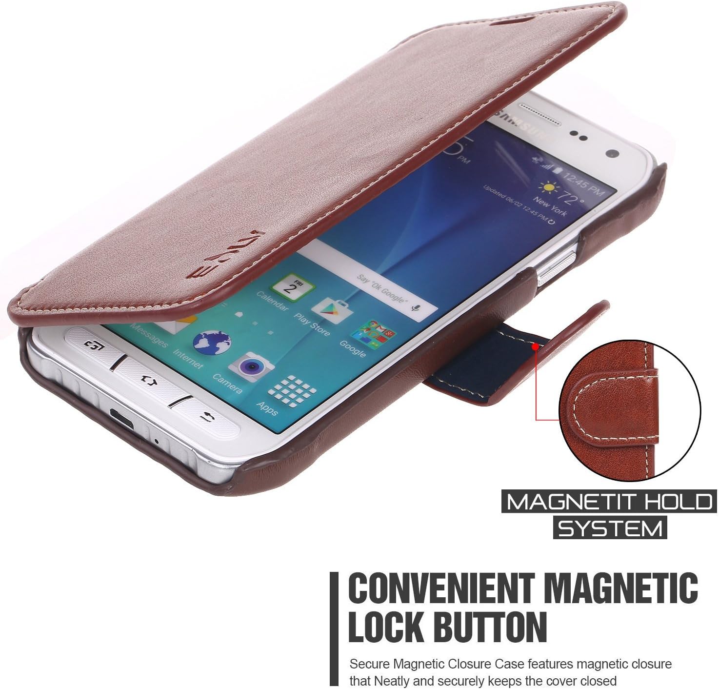 E LV Case for Galaxy S6 Active - Slim Case Cover PU Leather Flip Folio Wallet Case Cover for Samsung Galaxy S6 Active - Brown/Brown