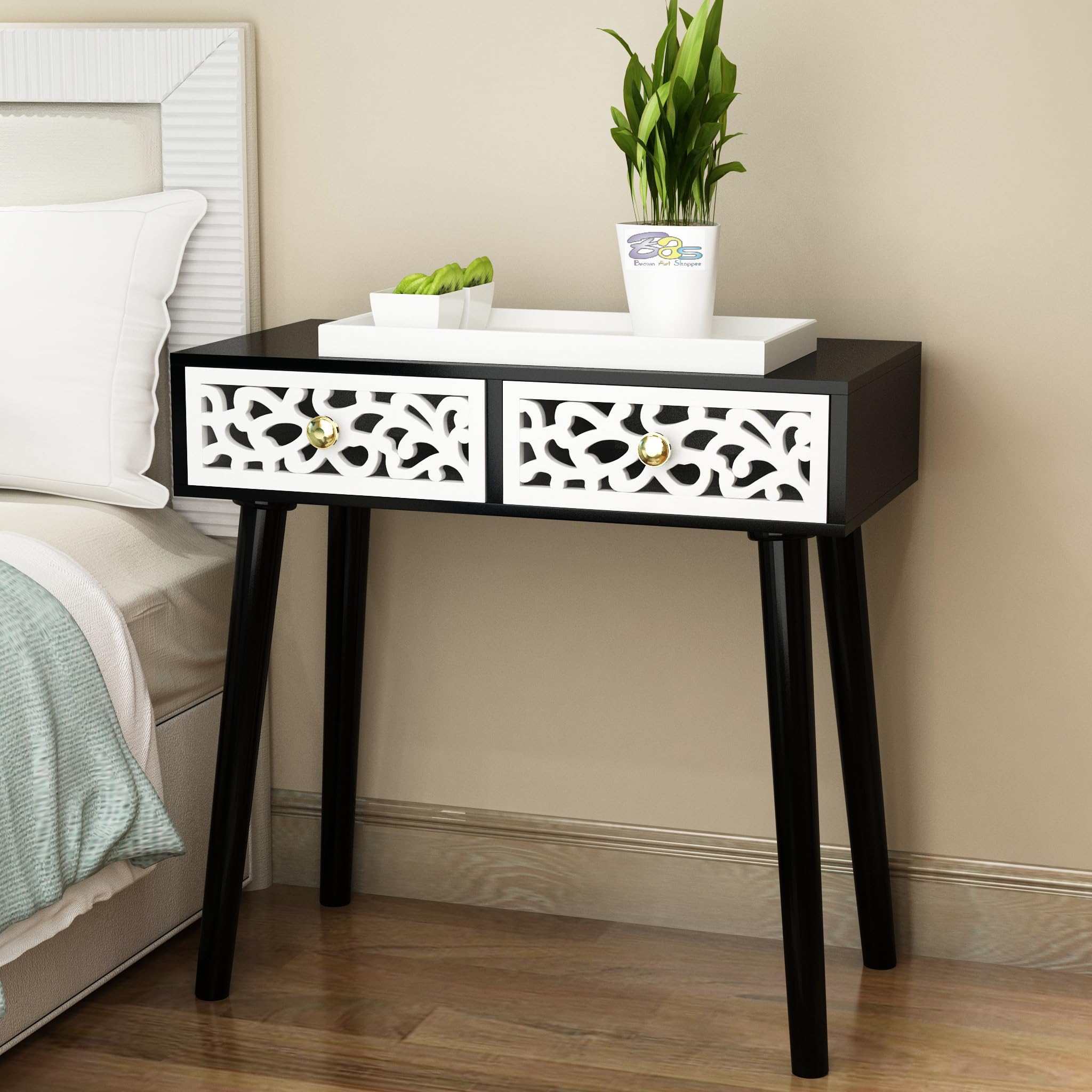 Dime Arts Shoppee Bed Side Table with 2-Drawer Nightstand, Carved Drawer Design Accent or End Table with Storage with Carving Design (Black & White) Engineered Wood-image-37