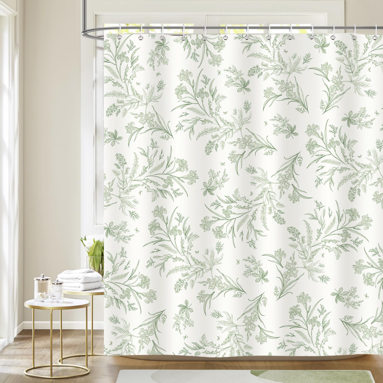 Dazzlewall Sage Green Shower Curtain Floral Botanical Plants Leaves Bathroom Curtain Waterproof 180x180cm, Mildew & Mould Resistant Polyester with 12 Hooks