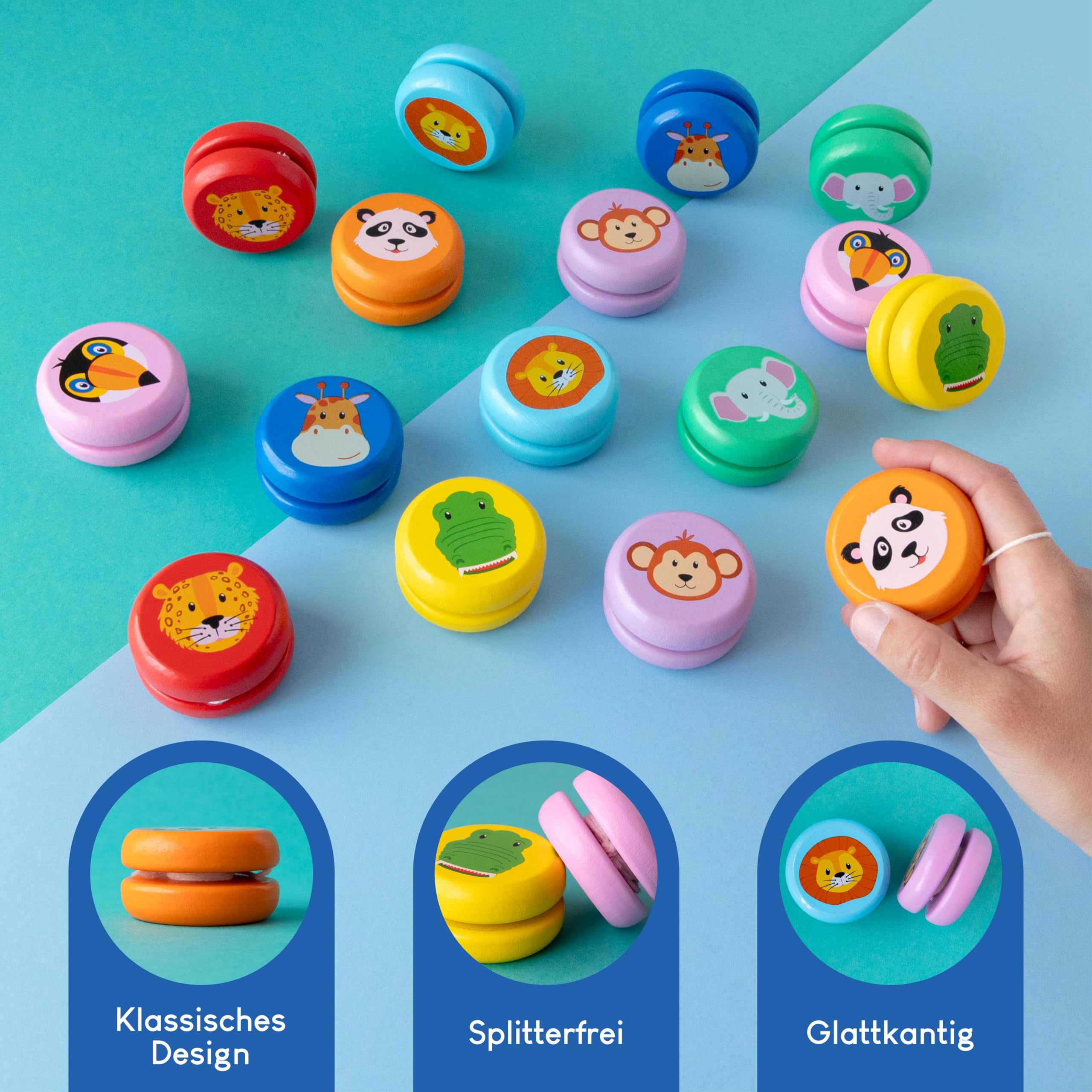 BONNYCO JoJo Kinder Mitgebsel Kindergeburtstag Gastgeschenke Tiere 16 Stück. JoJo Holz, Kleine Geschenke für Kinder. Give Aways Kindergeburtstag, Mitgebsel Set. Pinata Füllung, Yoyo Mitbringsel
