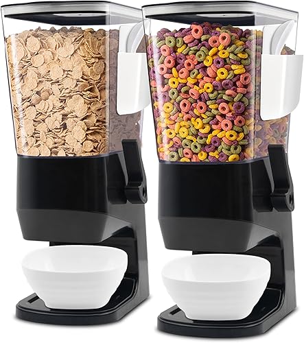 Dispensador de cereales para encimera, color negro, paquete de 2, dispensador de alimentos secos con cuencos, cucharas, caja de cubiertos,