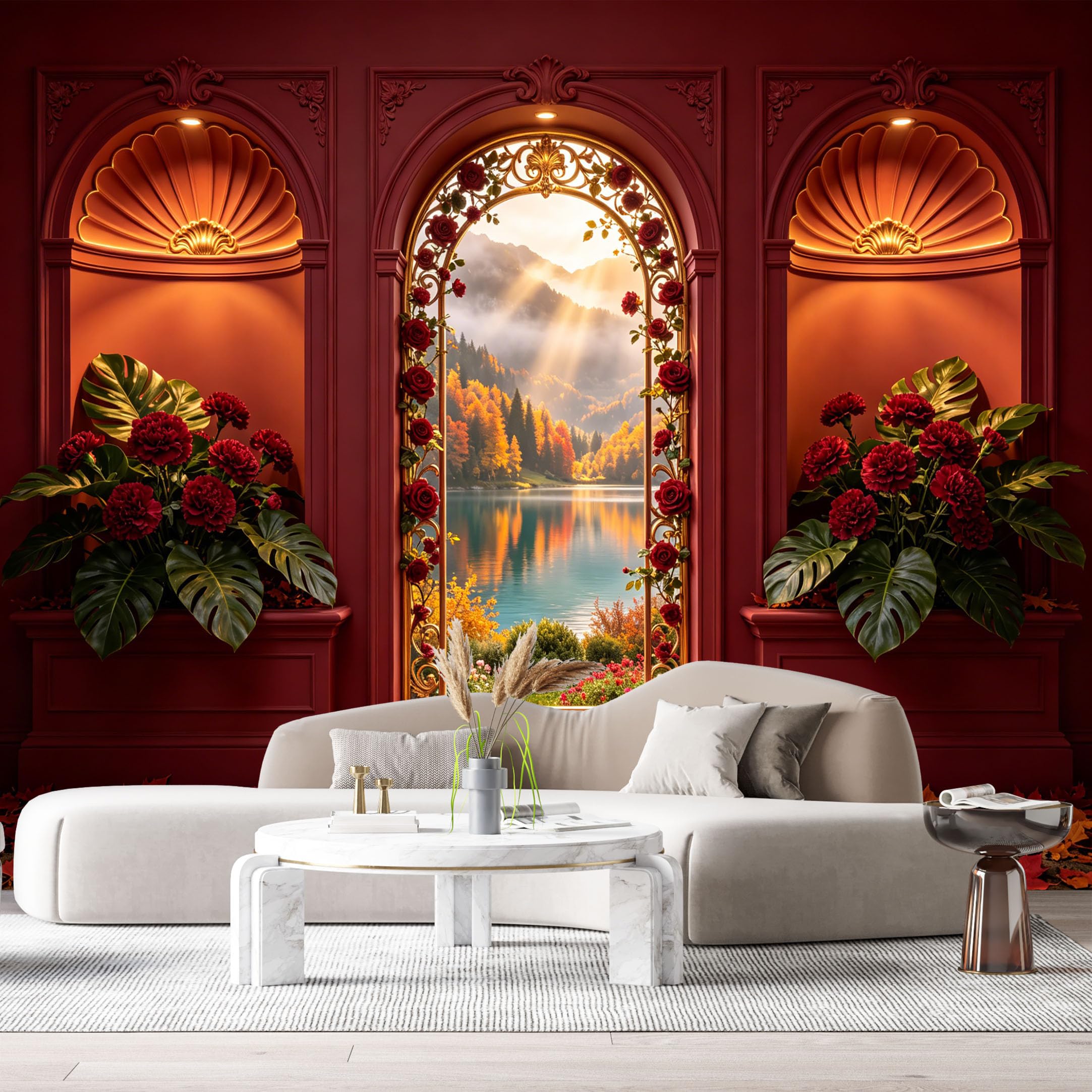 Custom Size Wall Murals Arch Window Autumn Lake Forest Landscape 3D Trompe L'Oeil SelfAdhesive Wall Fabric Removable Large Wallpaper for Photo Living Room