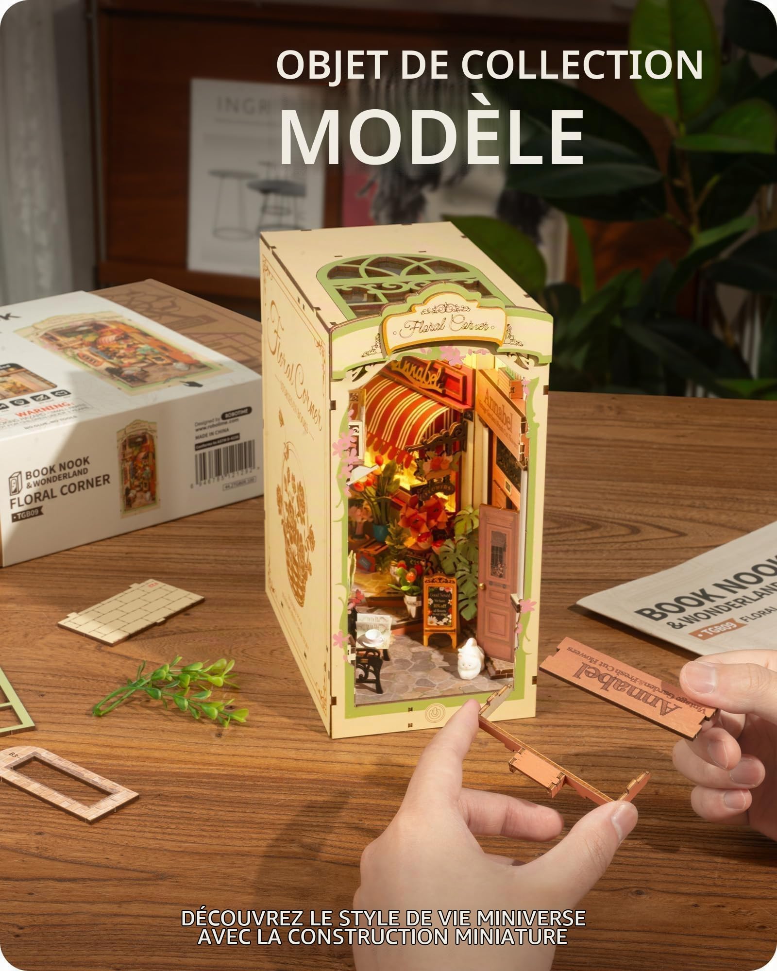 ROWOOD Book Nook Kit Coin Fleuri, DIY Booknook pour Adultes, Maquette en Bois A Construire avec Lumière LED Et Panneau Anti-poussière, Décoration D'intérieur Et Cadeaux Créatifs pour Noël