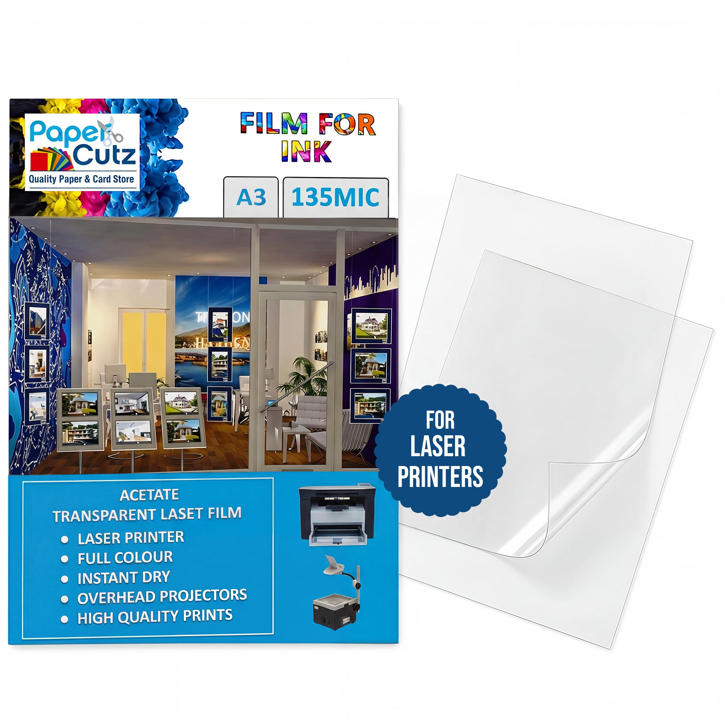 Papercutz A3 Laser Acetate Sheets (25 Sheets), 135 Micron Acetate Sheets A3, Transparent Paper for Printing, Overhead Projector Film, OHP Sheet, Clear Plastic Sheeting for Crafting — image 1