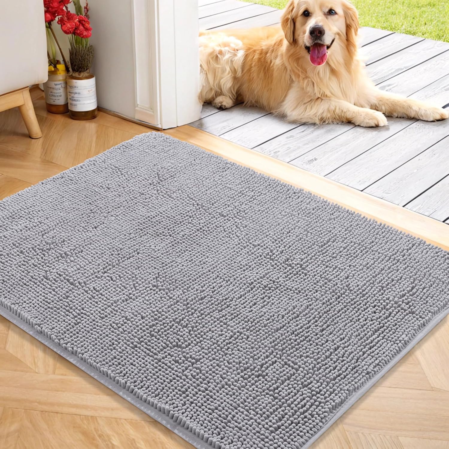 OLANLY Dog Door Mat for Muddy Paws 40x32, Absorbs Moisture and Dirt, Absorbent Non-Slip Washable Doormat, Quick Dry Chenille Mud Mat for Dogs, Entry Indoor Entryway Carpet for Inside Floor, Light Grey