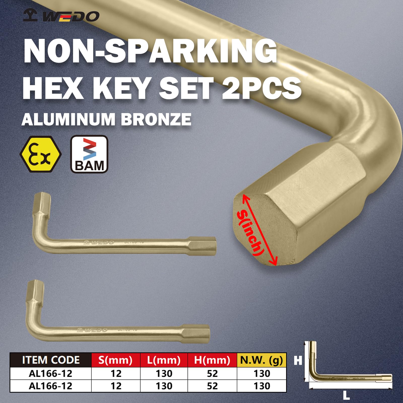 WEDO Set di 2 chiavi a brugola senza scintilla, set di chiavi a brugola da 12 mm, lunghezza 130 mm, in alluminio bronzo, resistenza alla corrosione, certificato BAM & FM, strumenti di riparazione