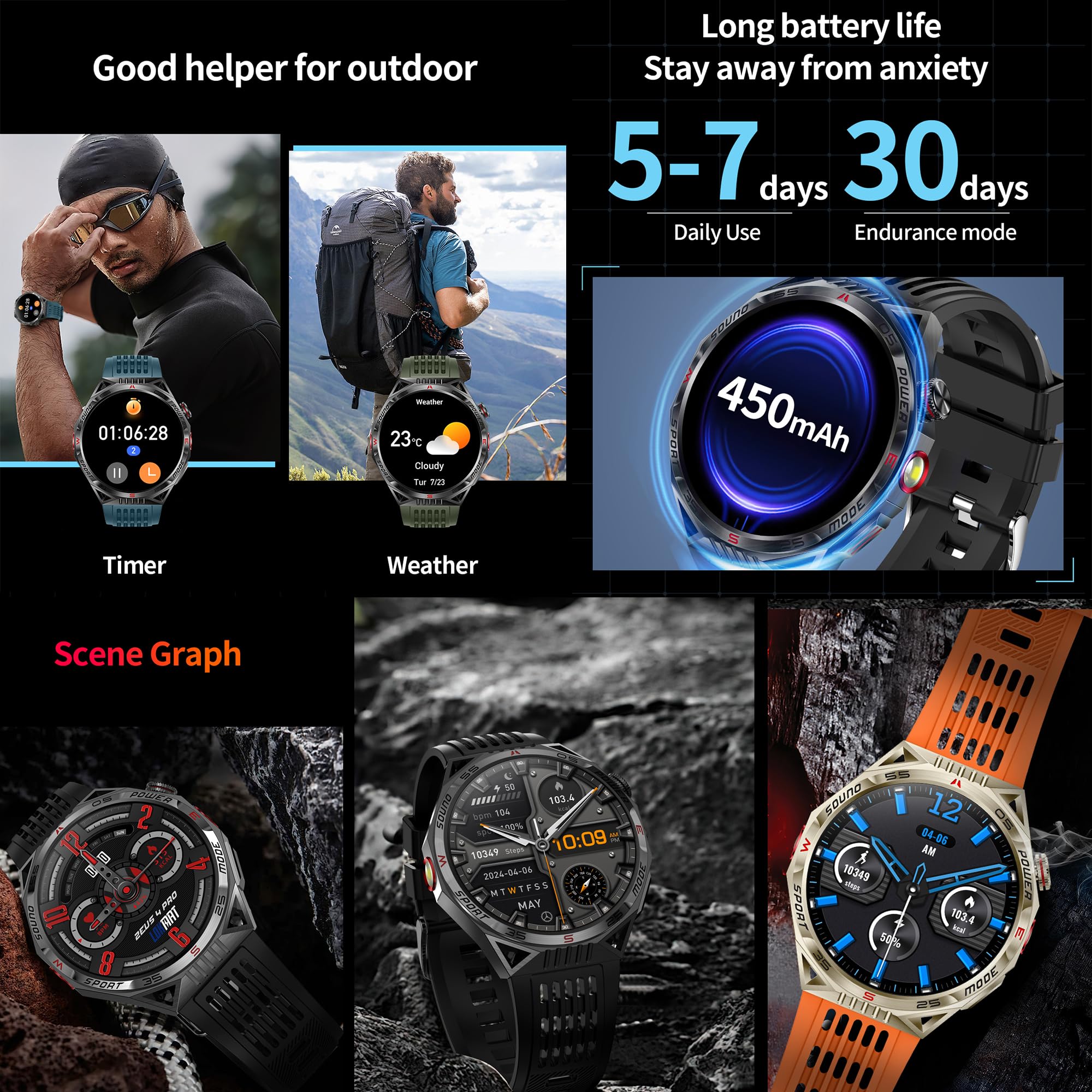 Reloj inteligente para hombre con función de teléfono, linterna, 1,85 pulgadas, AMOLED 5 ATM, reloj inteligente redondo, rastreador de actividad, con 123 modos deportivos, presión arterial, monitor de
