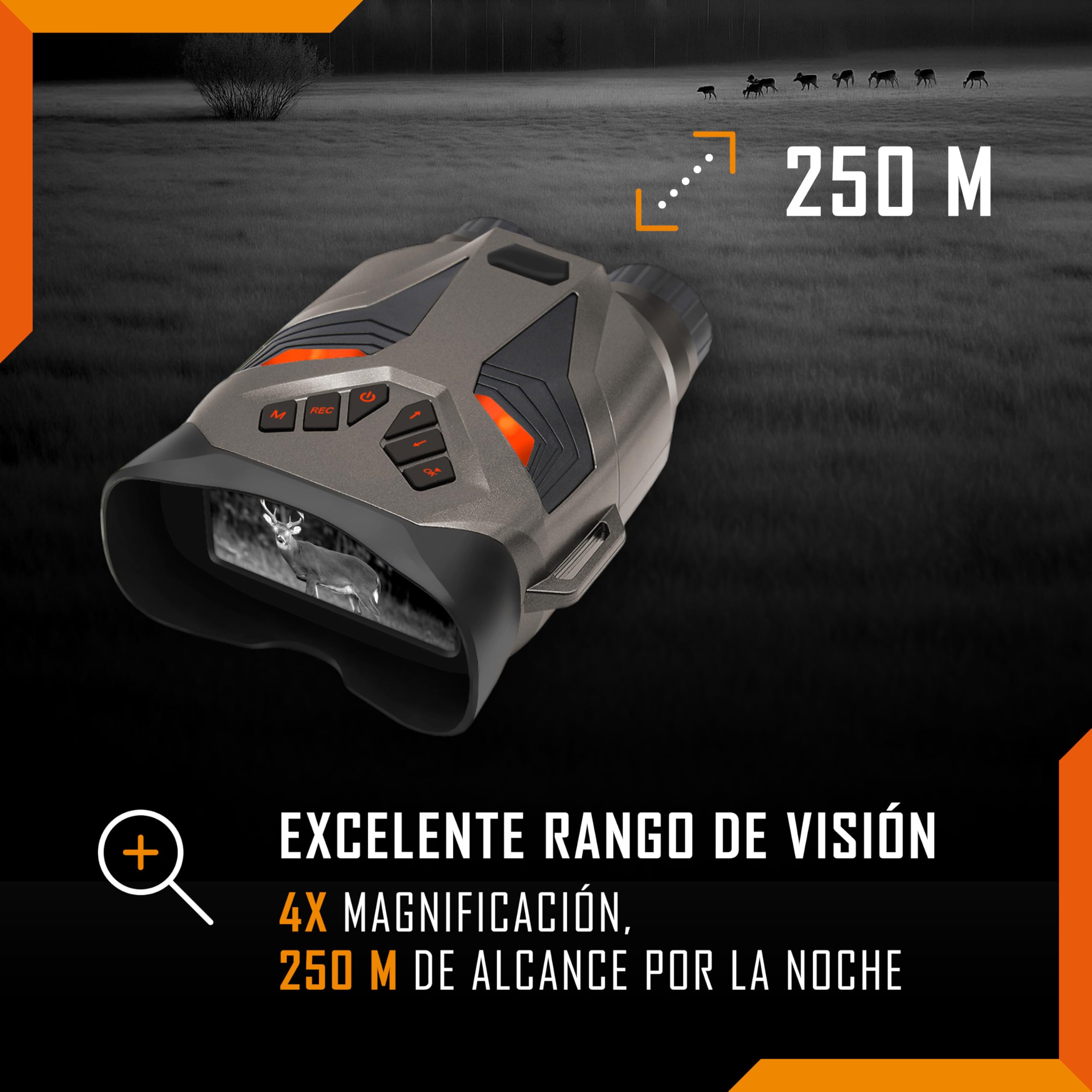 Nightfox Ember - Gafas de visión nocturna por infrarrojos, fáciles de usar, pantalla grande, zoom 4x, alcance de 250 m, video 4K, binoculares NVG para vida silvestre, camping