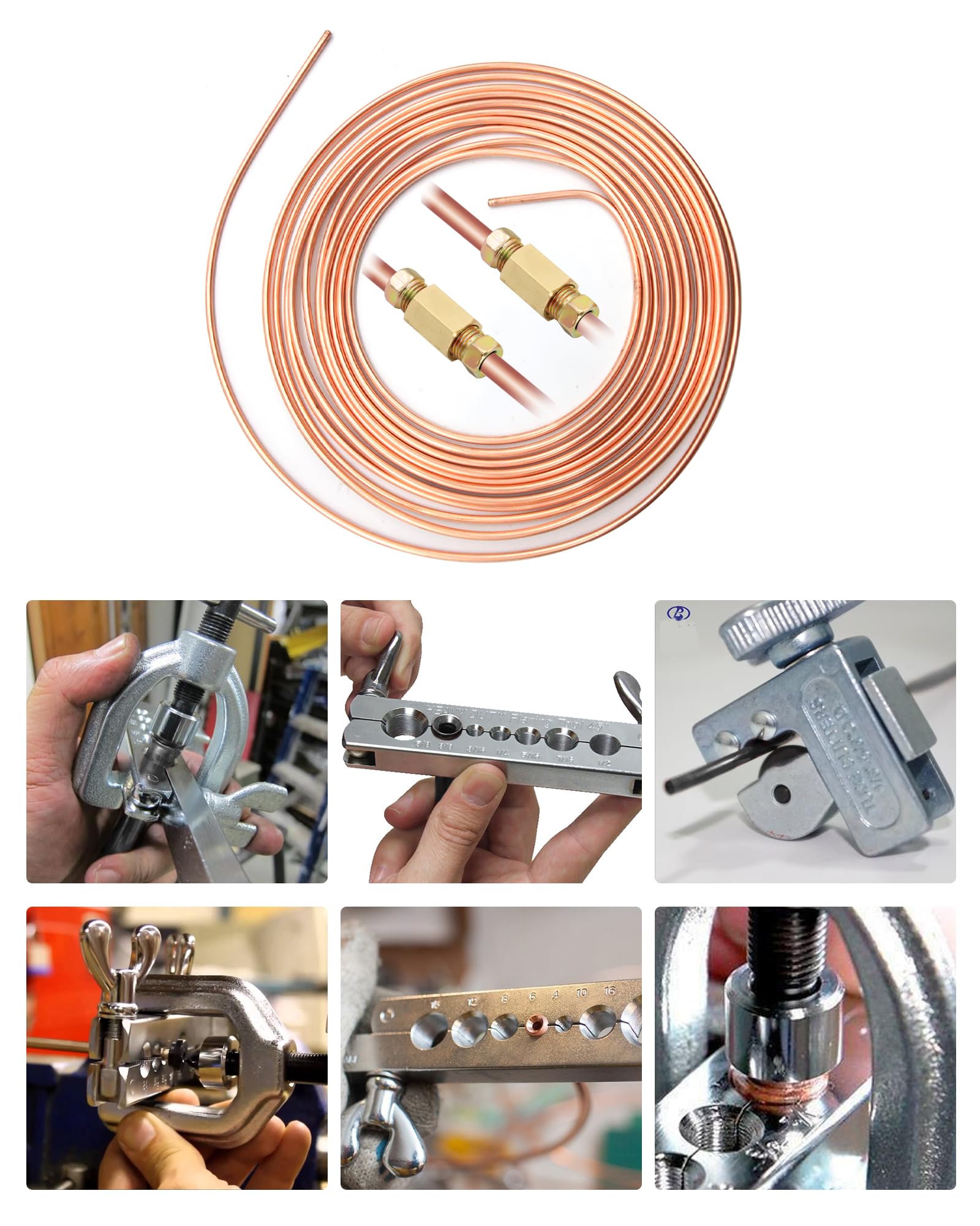 RUIZHI Attrezzi Svasatura Tubi Freno, con 7,62m Ø 4,75mm Tubo di Freno, con 16 Connettori + 5 Connettori, con 45° Condizionamento Svasatura Tubi Rame, Taglierina per Tubi di Rame 3-28mm