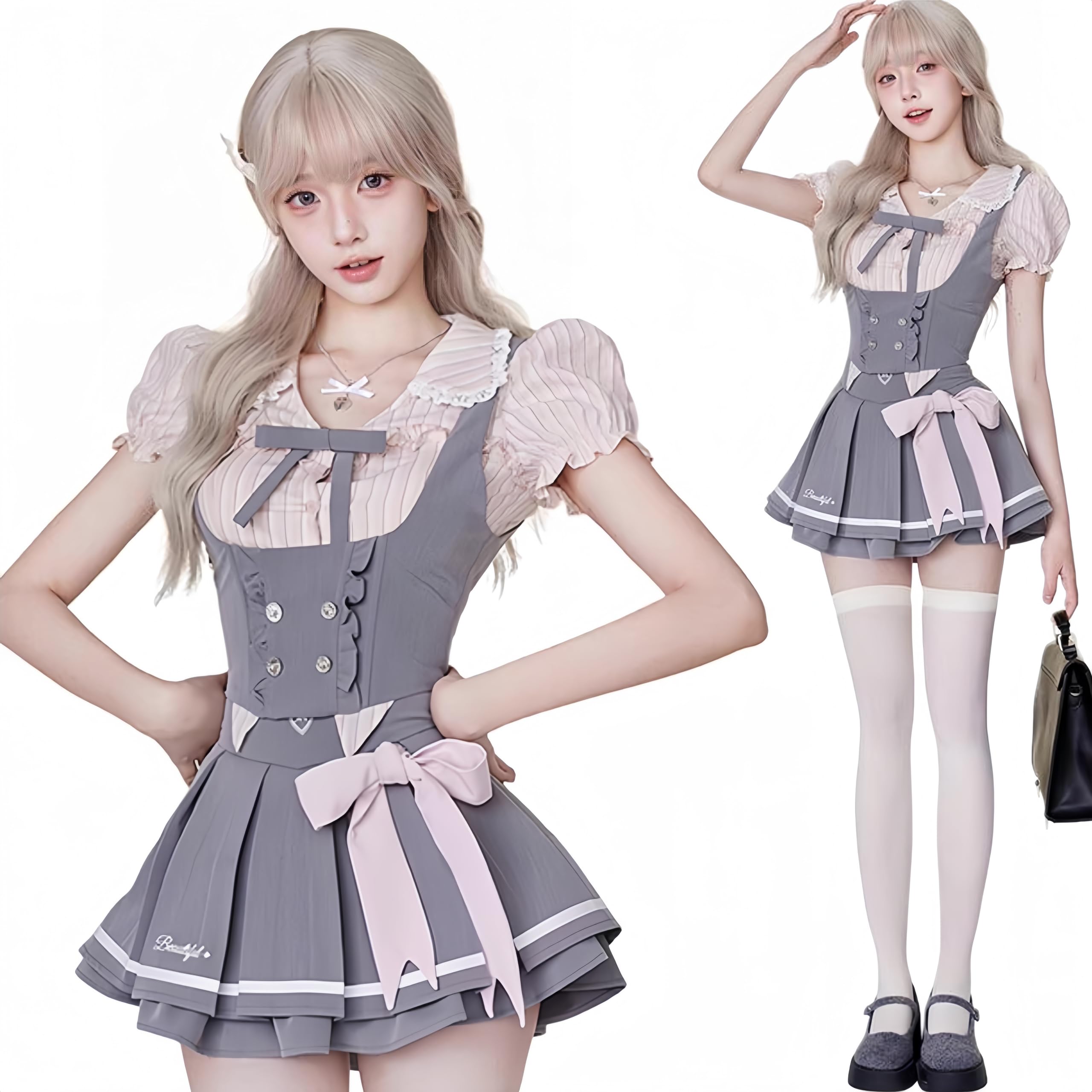 [Ligwon] 地雷系 服 制服 コスプレ ゴスロリ JK制服 上下セット かわいい ミニスカート レディース ファッション ピンク グレー 原宿系 韓国系 春 夏 秋 ハロウィーン クリスマス (M) - M