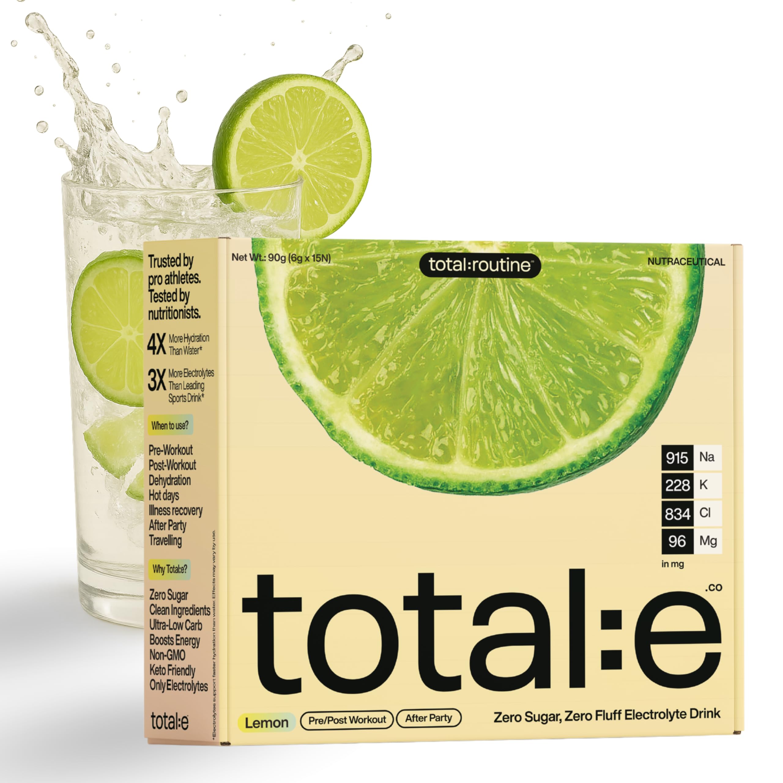 Total E Electrolyte Drink Mix by Total Routine Co I Zero Sugar | Ultra-Low Carb | Clean Hydration with Essential Electrolytes | Keto Friendly, Non-GMO | 15 Sachets | Faster Rehydration & Energy Boost