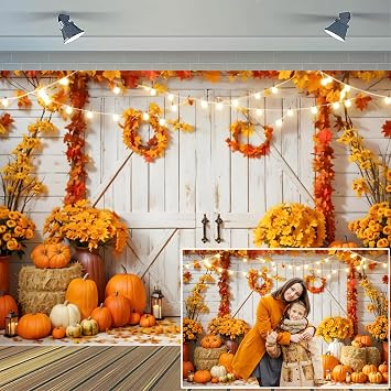 Thanksgiving Party Photography Backdrop Fall Photo Backdrop Autumn Harvest Pumpkin Backdrop Friendsgiving Wood Barn Door Backdrop Maple Leaves Sunflower Haystack Supplies 7x5ft Fabric Props