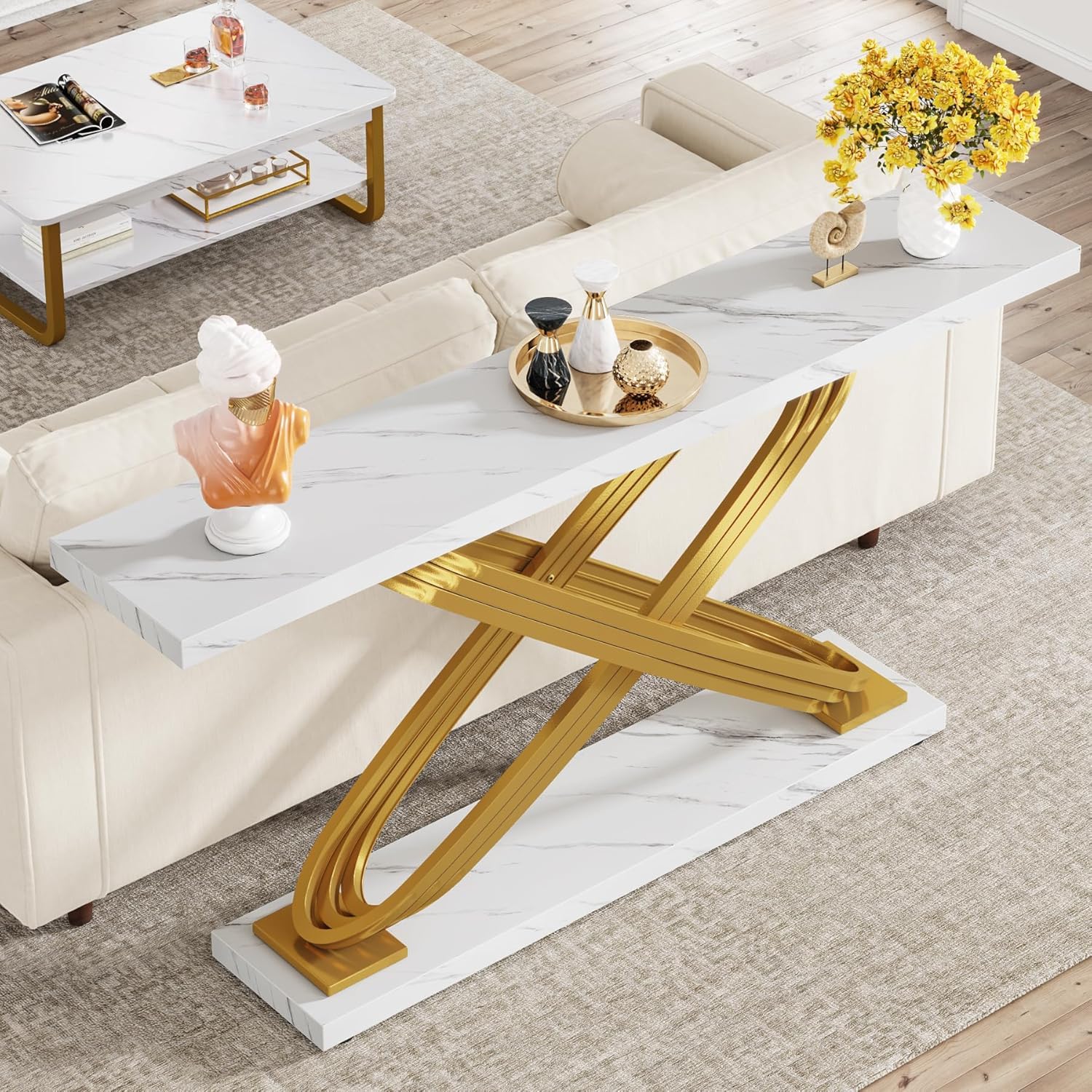 Tribesigns Consolle Ingresso,Tavolo Consolle in Marmo Moderno Bianco e Oro,Telaio in Metallo, 140 x 33 x 80 cm Tavolo d'ingresso alto e stretto,per Soggiorno, Corridoio (Bianco)