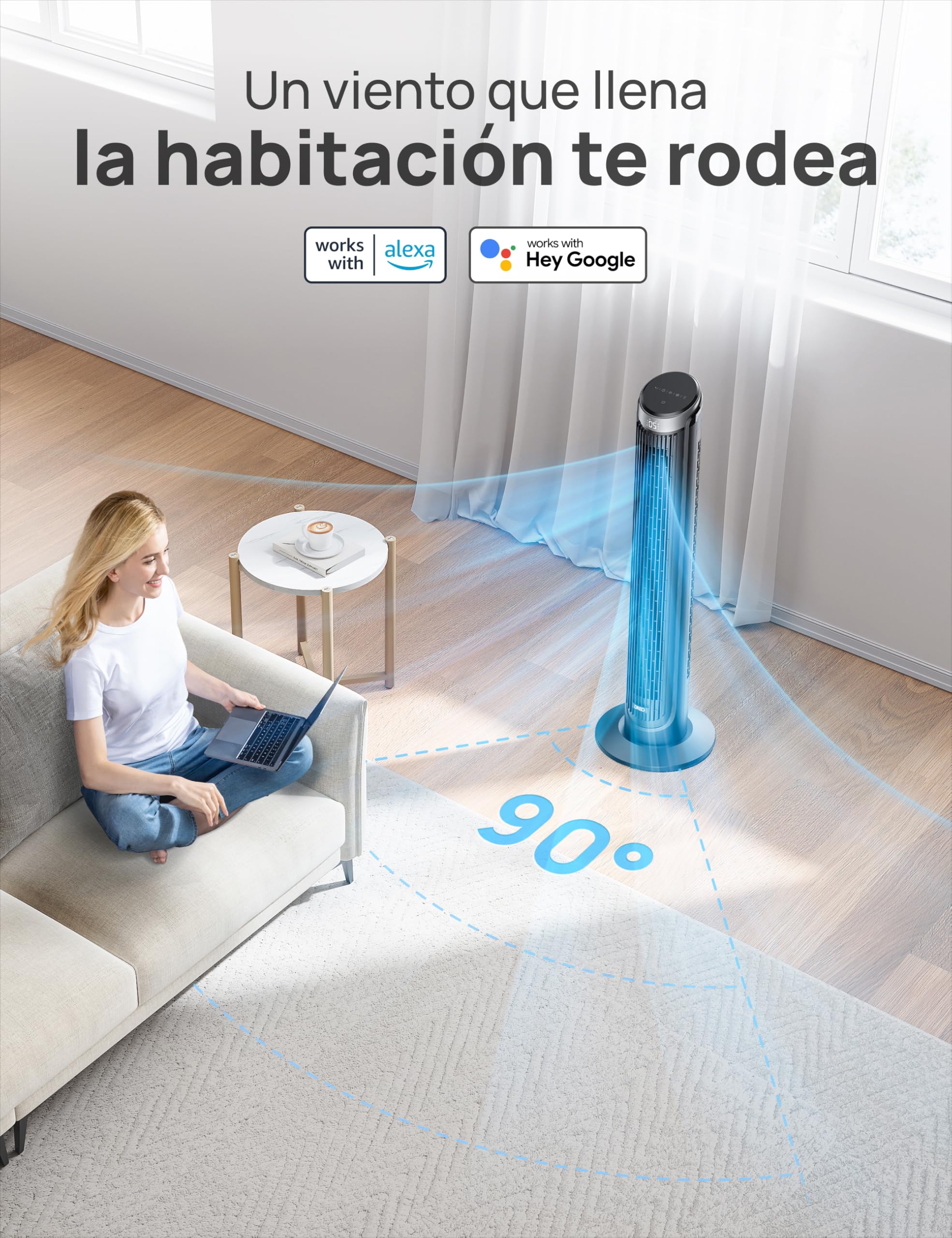 Dreo Smart Ventilador de Torre Silencioso, Oscilación de 90°, Ventilador de Pie para Dormitorio, 7.9 m/s, 5 Velocidades, 4 Modos, Táctil/Mando/App & Control por Voz, Alexa, Temporizador 12H, Plateado