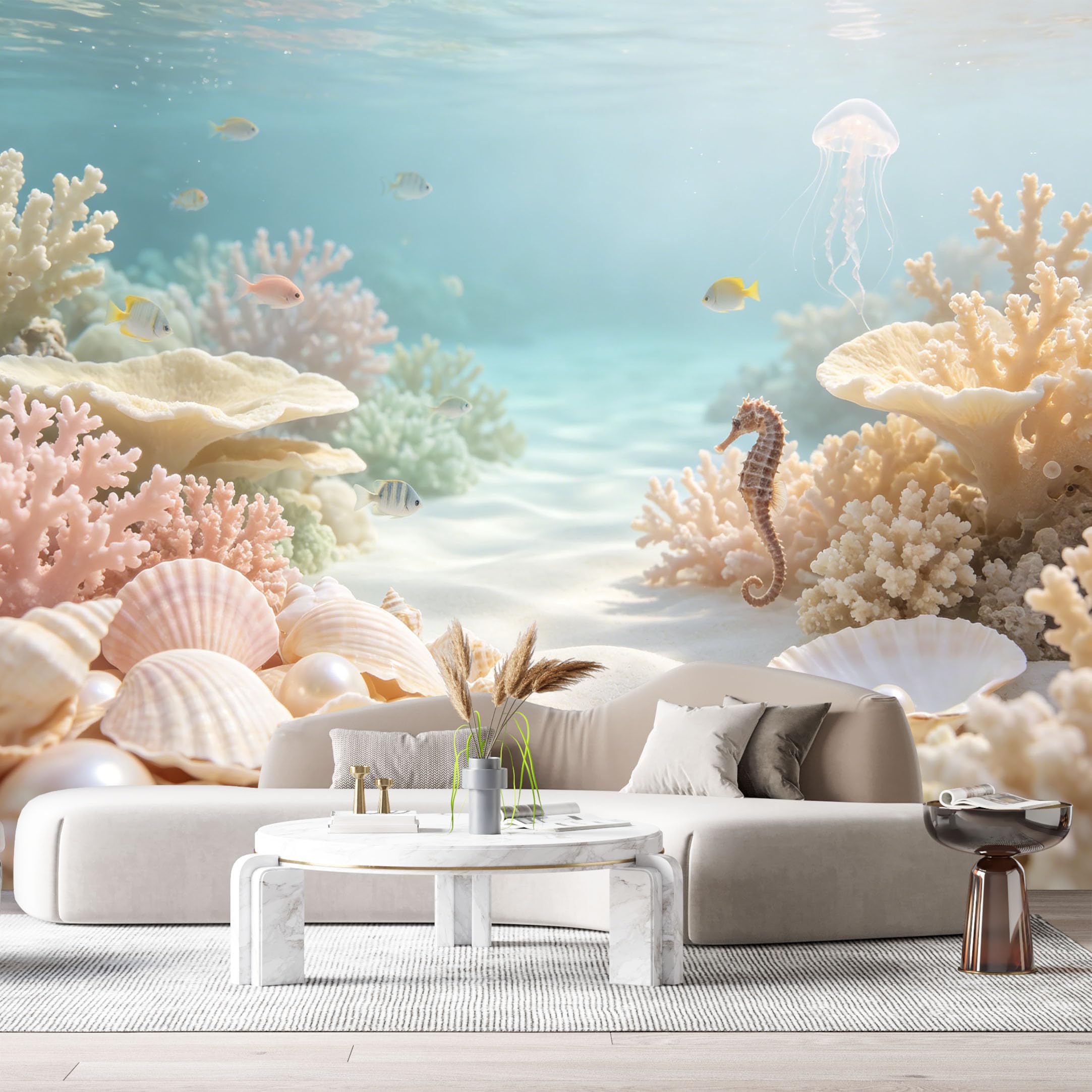 Custom Size Wall Murals Ocean Marine Tropical Seahorse Jellyfish Coral Reef Shells SelfAdhesiveWall Fabric Removable Wallpaper Wall Decor for Living Room Bedroom Bathroom