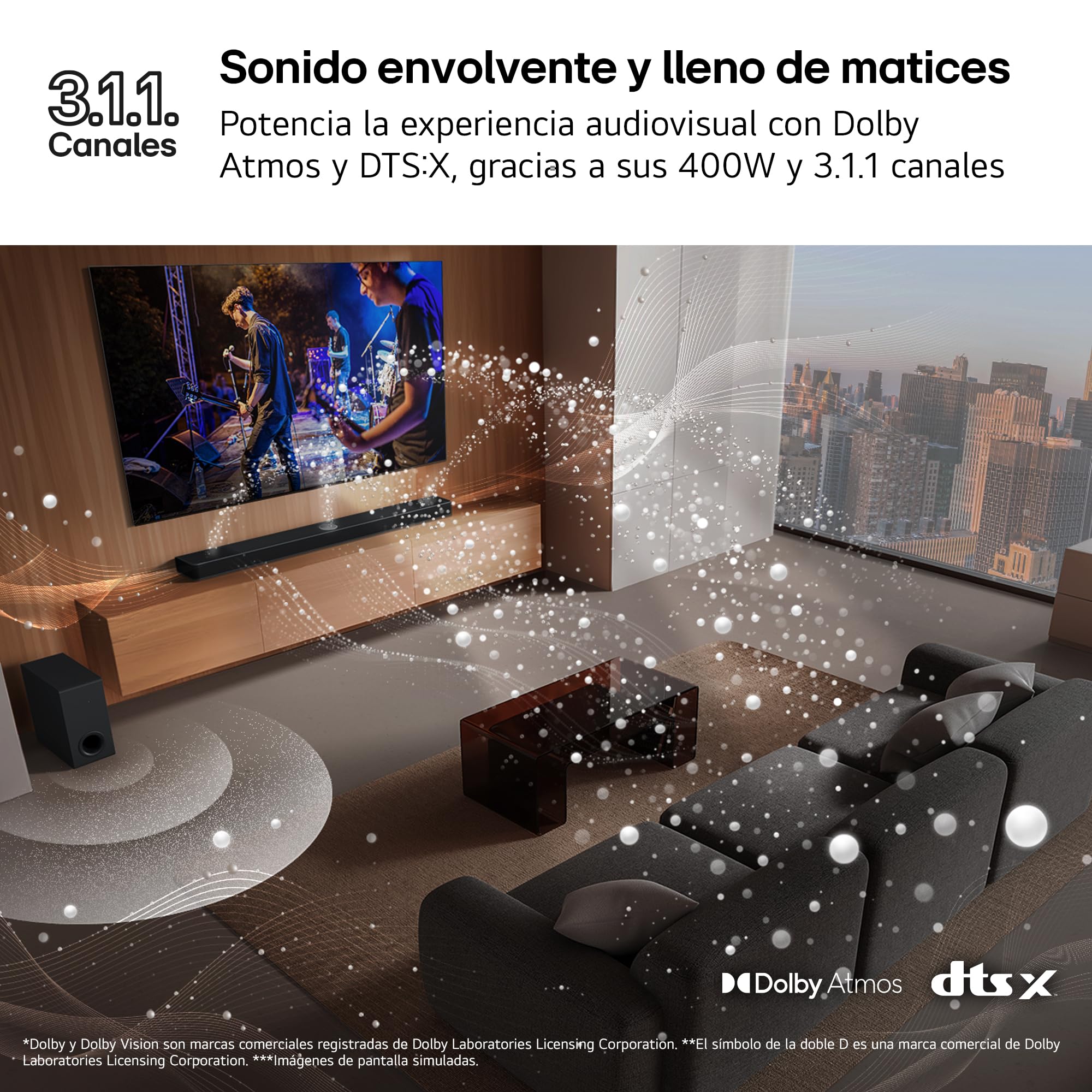 LG S70TY - Barra de Sonido Inteligente, 400W, 3.1.1 Canales, Sonido Envolvente Dolby Atmos y DTS, Amplia Conectividad, Bluetooth, USB, Entrada Óptica, Negro