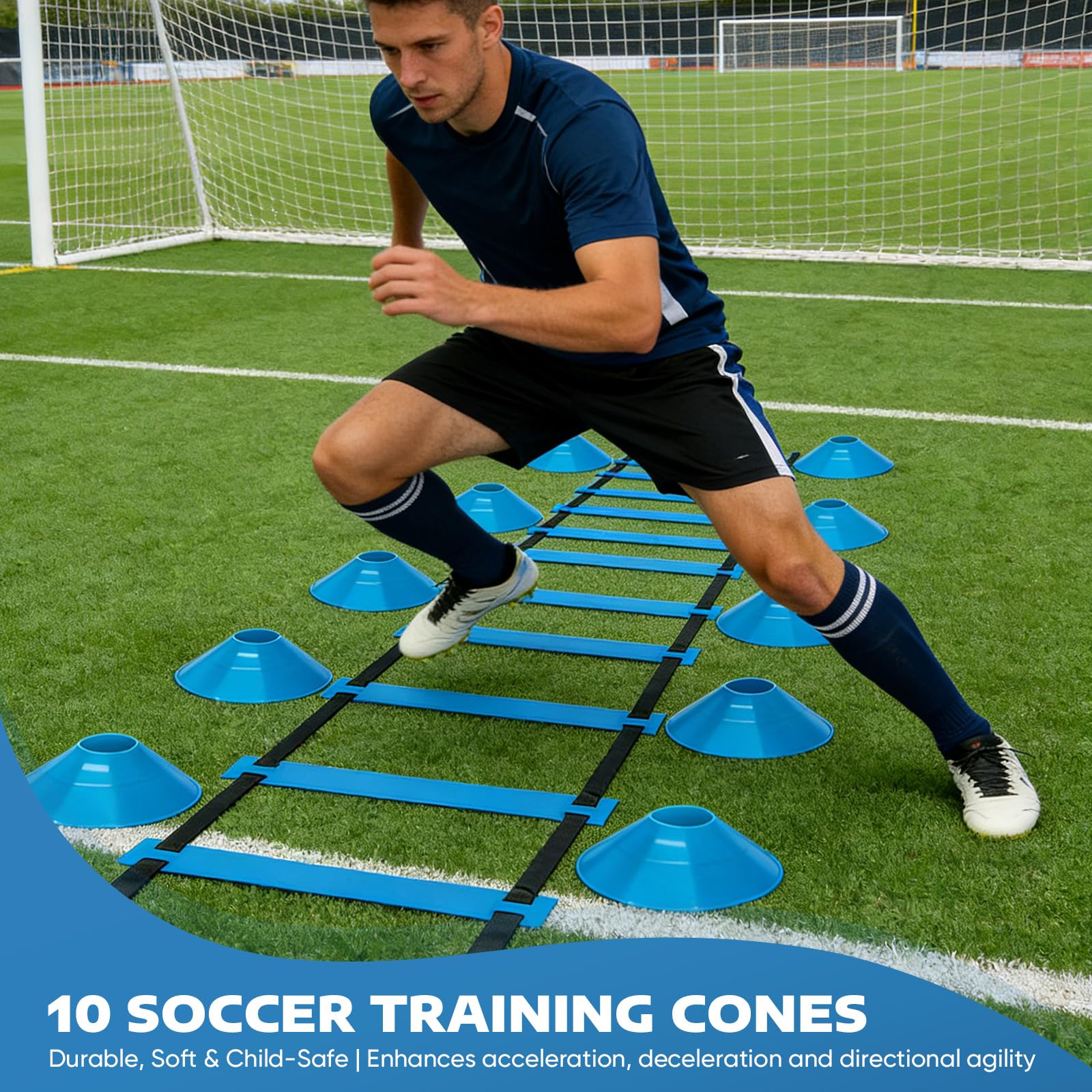 Slalomstangen Fussball Trainingszubehör mit 6 Slalom Poles, Koordinationsleiter 6m, 12 Hütchen, Springseil und Resistance Fallschirm, Fußball Trainingsset für Koordinationstraining