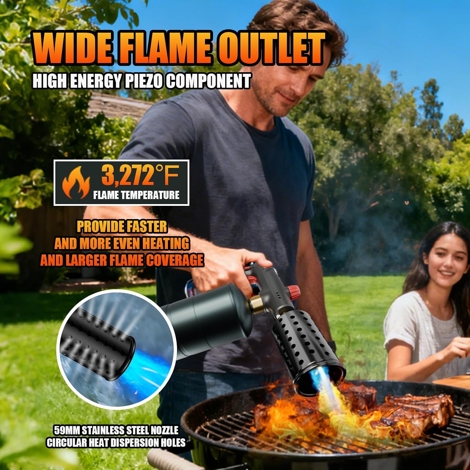 High Output Propane Torch Head with Trigger Start & Safety Lock - Heavy Duty Weed Burner, Charcoal Starter & Culinary Searing Torch for Steak, Sous Vide, fits 1lb Tank (Tank Not Included)