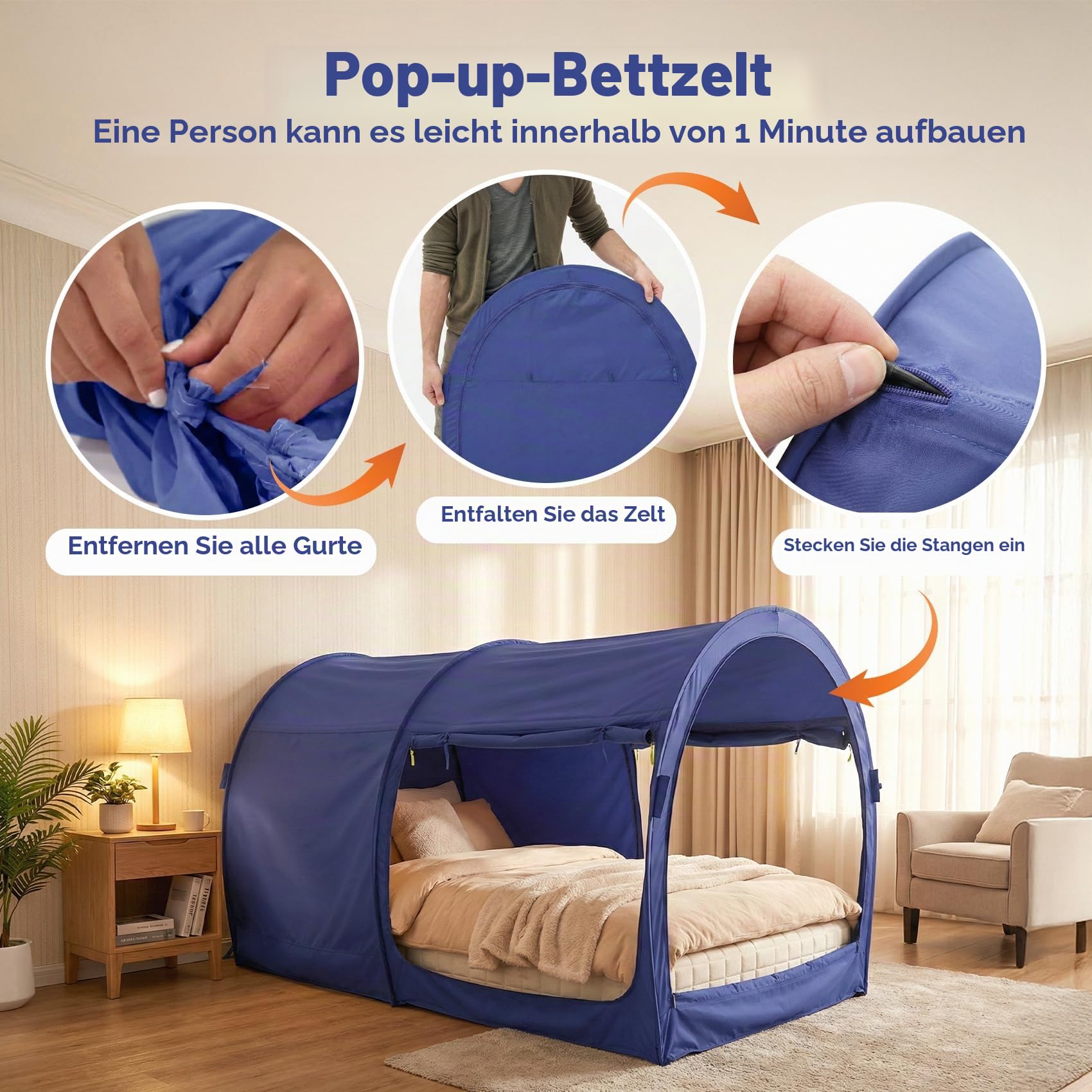 LEEDOR Bettzelt, Betthimmel, atmungsaktiv, warm, für den Innenbereich, Pop-up-Unterstand, für Privatsphäre, Twinsize, für Kinder und Erwachsene, Matratze Nicht im Lieferumfang enthalten, Marineblau