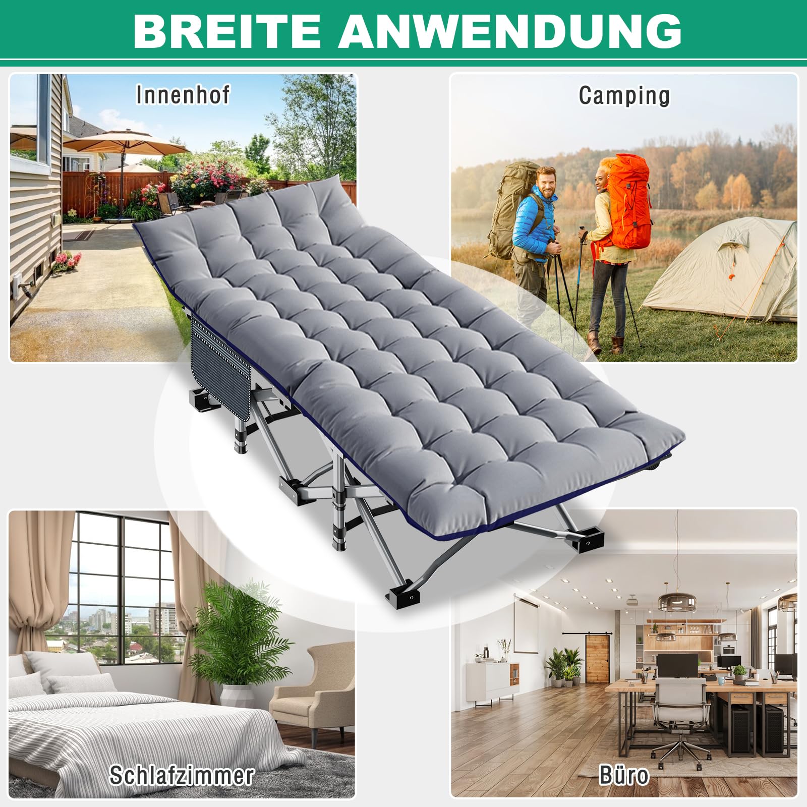 Camping Bett mit Matratze, Max Load 200KG Folding Camp Cot 190x71x36 cm, Stahlrahmen und Pxford Fabric Oberfläche, Filed Bett Gästebett für Erwachsene Indoor Outdoor Camping Garten Büro
