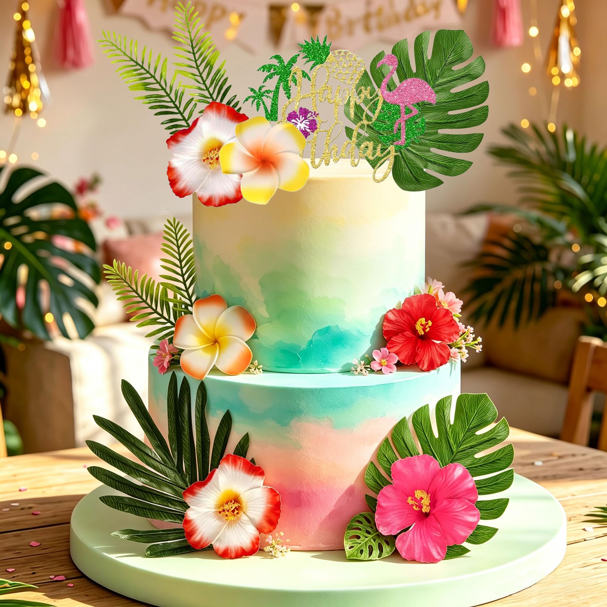 Hawaiian Luau Blue Pink Aloha Birthday Cake Decor