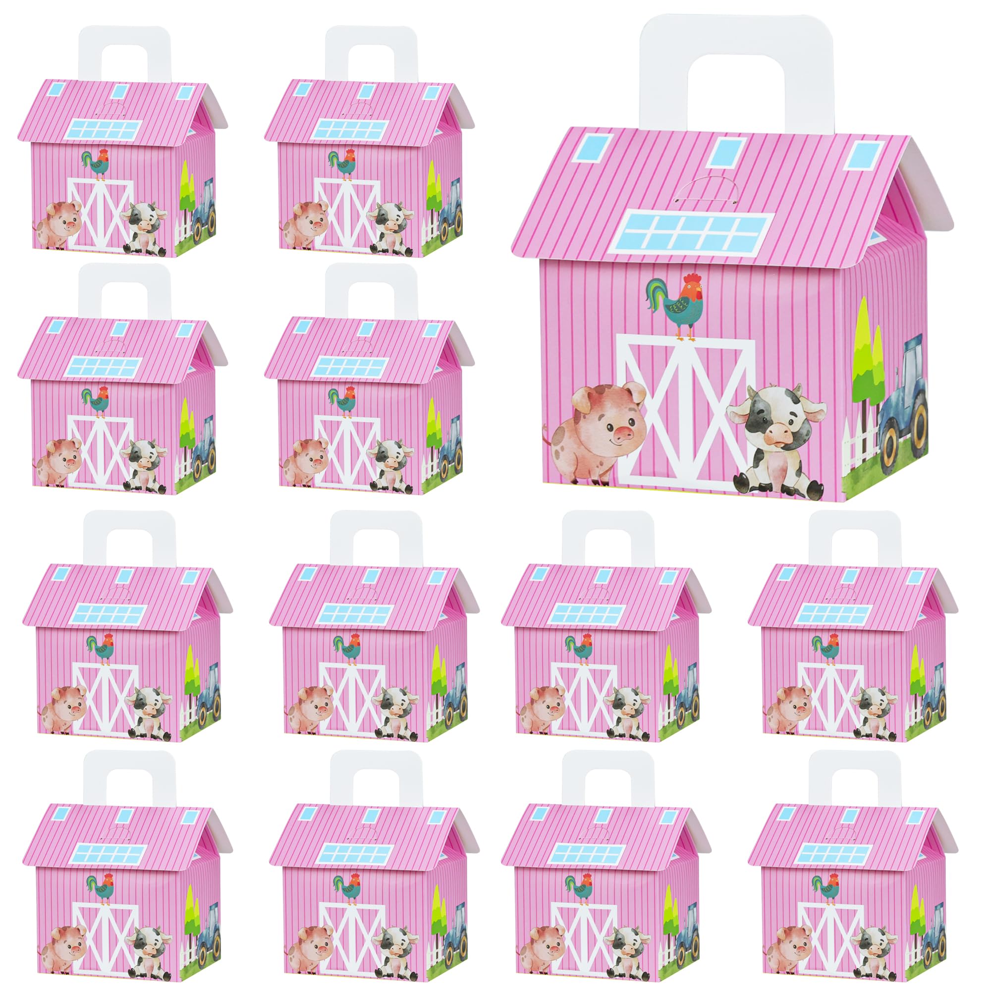 Caoekego 16 Pieces Pink Farm Animal Party Gift Box Farm Cow Theme Candy Box Farm Barn Birthday Party Decoration