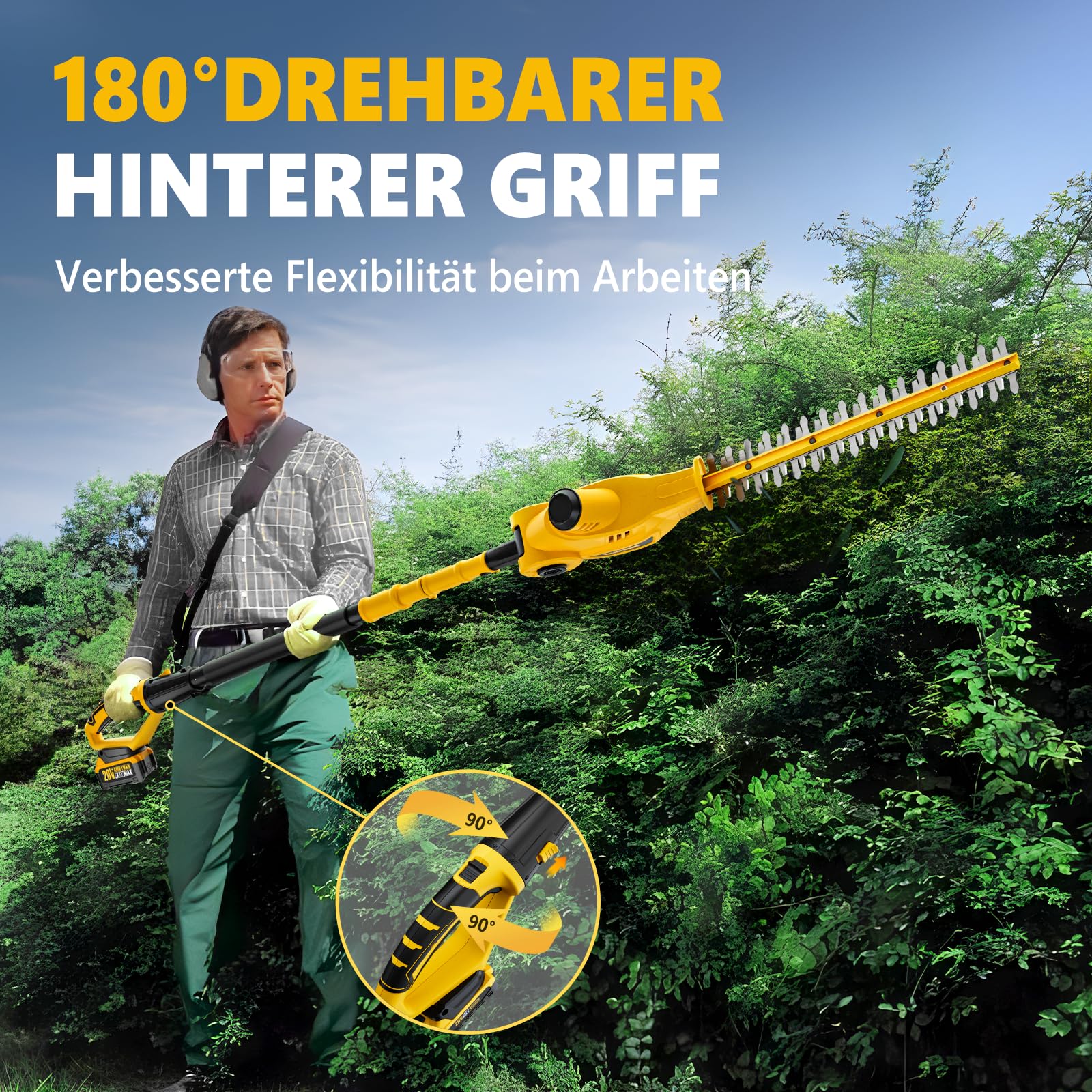 Alloyman Akku Teleskop Heckenschere 20V MAX, mit 2 × 4,0 Ah Akkus und Ladegerät, 40 cm Doppelmesser, 2,4 m Teleskopstange für Hecken und Sträucher
