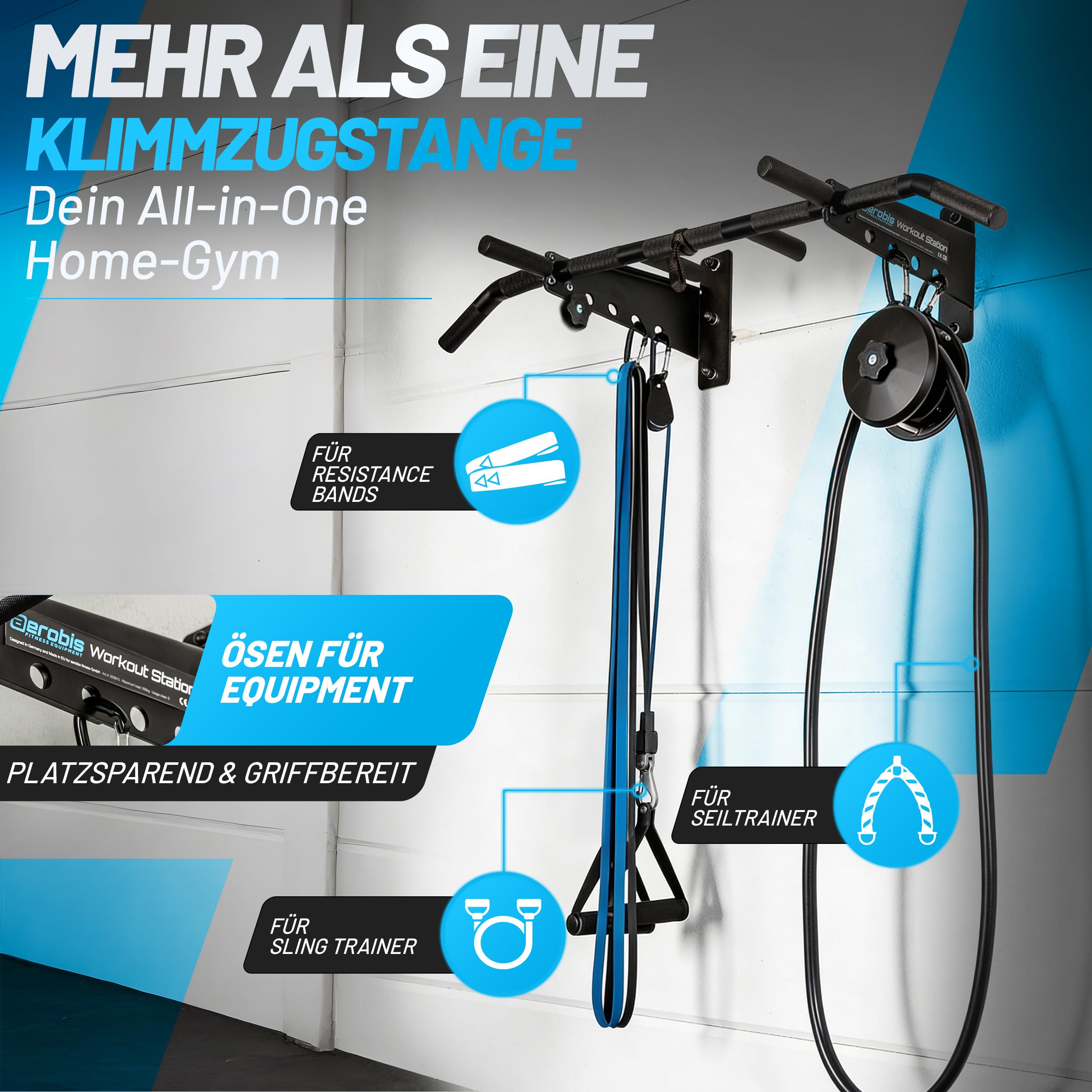 aerobis® Klimmzugstange Wand - Wand- & Deckenmontage bis zu 200kg | Inklusive Montageset & Schlingentrainer - Reckstange indoor, Trainingsstange, Klimmzug