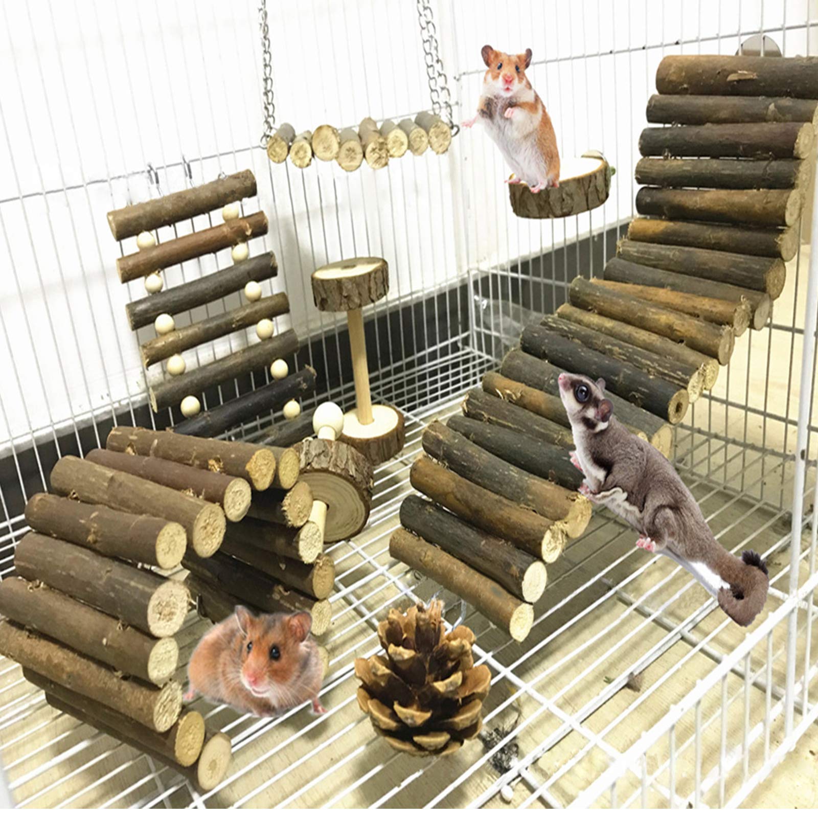 Jouet de Hamster, 8 Pièces Bois Naturel Jouets de Mâcher, Bâtons de Pomme, Pommes de pin, balançoire Suspendue pour Furets, Cobayes, Oiseau, Petit Écureuil, Chinchilla, Souri, Rongeur